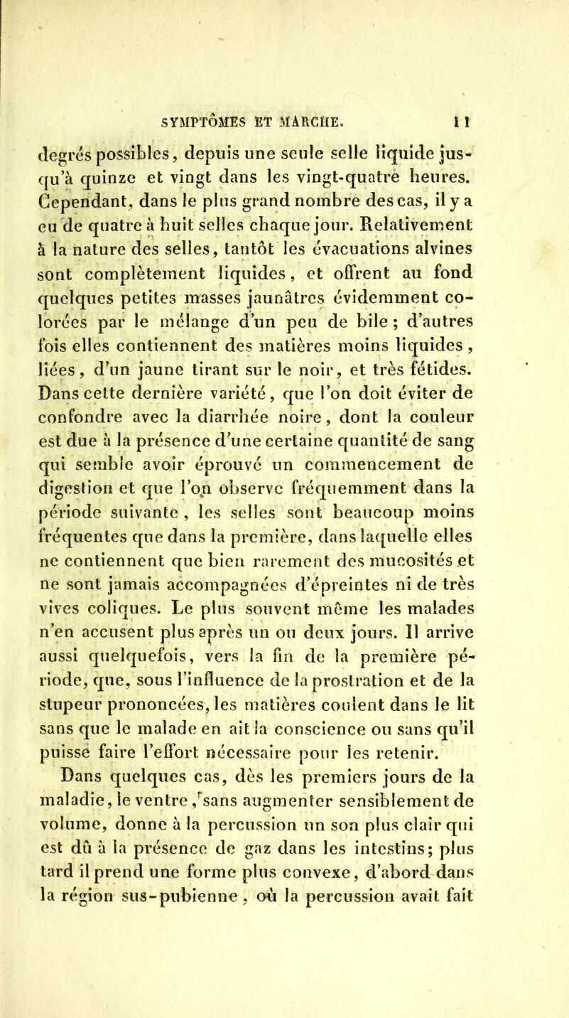 degrés possibles, depuis une seule selle liquide jus- qu’à quinze et vingt dans les vingt-quatre heures. Cependant, dans le plus grand nombre des cas, il y a eu de quatre à huit selles chaque jour. Relativement à la nature des selles, tantôt les évacuations alvines sont complètement liquides, et offrent au fond quelques petites masses jaunâtres évidemment co- lorées par le mélange d’un peu de bile ; d’autres fois elles contiennent des matières moins liquides, liées, d’un jaune tirant sur le noir, et très fétides. Dans cette dernière variété, que l’on doit éviter de confondre avec la diarrhée noire, dont la couleur est due à la présence d’une certaine quantité de sang qui semble avoir éprouvé un commencement de digestion et que l’on observe fréquemment dans la période suivante , les selles sont beaucoup moins fréquentes que dans la première, dans laquelle elles ne contiennent que bien rarement des mucosités et ne sont jamais accompagnées d’épreintes ni de très vives coliques. Le plus souvent meme les malades n’en accusent plus après un ou deux jours. 11 arrive aussi quelquefois, vers la fin de la première pé- riode, que, sous l’influence de la prostration et de la stupeur prononcées, les matières coulent dans le lit sans que le malade en ait la conscience ou sans qu’il puisse faire l’effort nécessaire pour les retenir. Dans quelques cas, dès les premiers jours de la maladie, le ventre/sans augmenter sensiblement de volume, donne à la percussion un son plus clair qui est dû à la présence de gaz dans les intestins; plus tard il prend une forme plus convexe, d’abord dans la région sus-pubienne , où la percussion avait fait