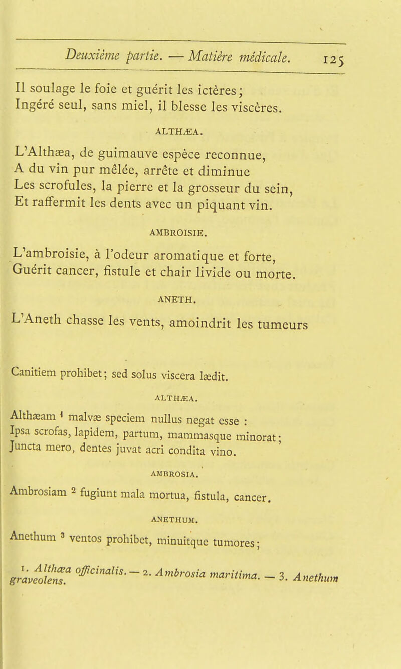 Il soulage le foie et guérit les ictères ; Ingéré seul, sans miel, il blesse les viscères. ALTH^A. L'Althœa, de guimauve espèce reconnue, A du vin pur mêlée, arrête et diminue Les scrofules, la pierre et la grosseur du sein, Et raffermit les dents avec un piquant vin. AMBROISIE. L'ambroisie, à l'odeur aromatique et forte, Guérit cancer, fistule et chair livide ou morte. ANETH. L'Aneth chasse les vents, amoindrit les tumeurs Canitiem prohibet; sed solus viscera Isedit. ALTH^A. Althasam ^ malvîe speciem nuUus negat esse : Ipsa scrofas, lapidera, partum, mammasque minorât; Juncta mero, dentés juvat acri condita vino. AMBROSIA. Ambrosiam 2 fugiunt mala mortua, fîstula, cancer. ANETHUM. Anethum 3 ventos prohibet, minuitque tumores; SravfoltT ^- ^^^b-osîa maritima. - 3. Anethum