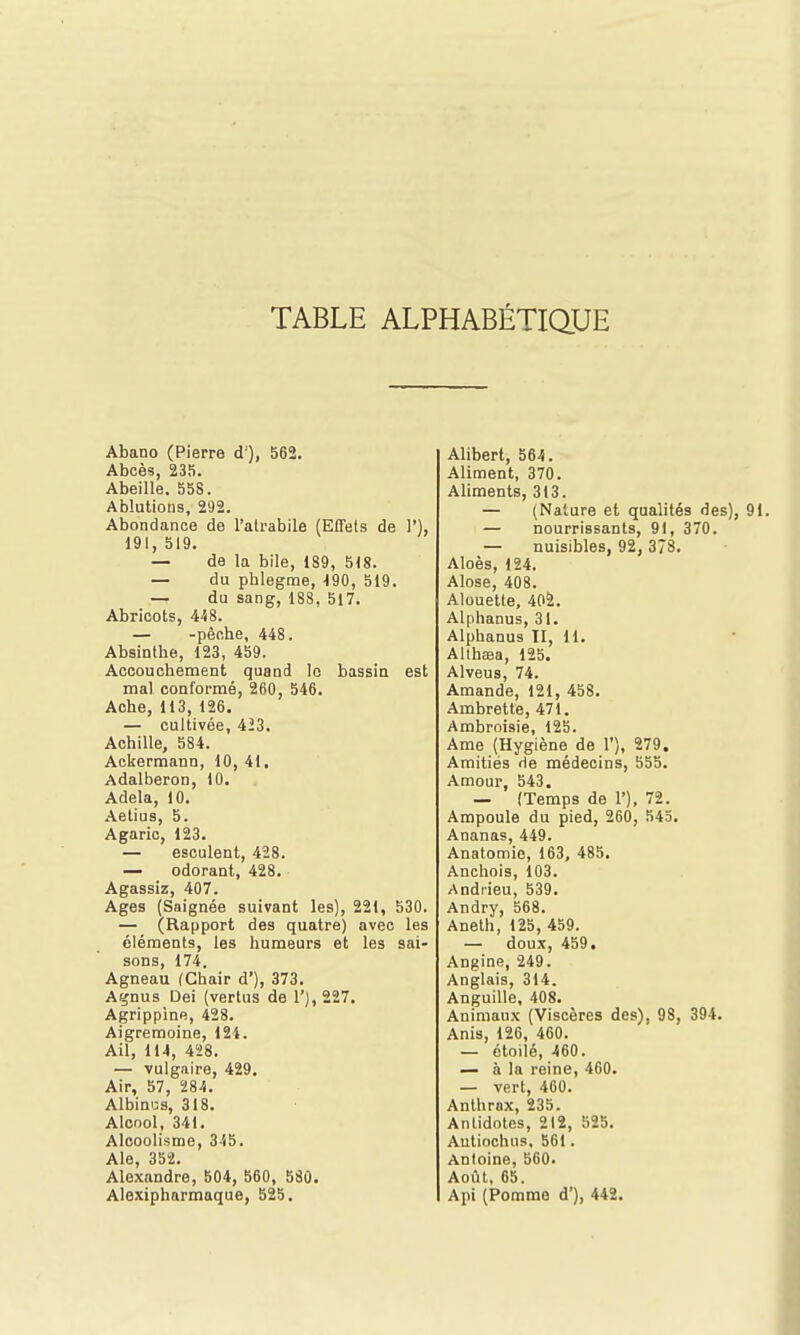 TABLE ALPHABÉTiaUE Abano (Pierre d ), 562. Abcès, 235. Abeille. 558. Ablutions, 292. Abondance de l'atrabile (Effets de )'), 191, 519. — de la bile, 189, 518. — du phlegme, 190, 519. — du sang, 188, 517. Abricots, US. — -pêche, 448. Absinthe, 123, 459. Accouchement quand le bassin est mal conformé, 260, 546. Aohe, 113, 126. — cultivée, 423. Achille, 584. Ackermann, 10, 41, Adalberon, 10. Adela, 10. Aetius, 5. Agaric, 123. — esculent, 428. — odorant, 428. Agassiz, 407. Ages (Saignée suivant les), 221, 530. — (Rapport des quatre) avec les éléments, les humeurs et les sai- sons, 174. Agneau (Chair d'), 373. Agnus Dei (vertus de 1'), 227. Agrippine, 428. Aigremoine, 124. Ail, IM, 428. — vulgaire, 429. Air, 57, 28.5. Albini:s, 318. Alcool, 341. Alcoolisme, 3i5. Aie 352. Alexandre, 504, 560, 580. Alexipharmaque, 525. Alibert, 564. Aliment, 370. Aliments, 313. — (Nature et qualités des), 91. — nourrissants, 91, 370. — nuisibles, 92, 378. Aloès, 124. Alose, 408. Alouette, 402. Alphanus, 31. Alphanus II, il. Allhaîa, 125. Alveus, 74. Amande, 121, 458. Ambrette, 471. Ambroisie, 125. Ame (Hygiène de 1'), 279. Amitiés de médecins, 555. Amour, 543. — (Temps de 1'), 72. Ampoule du pied, 260, 543. Ananas, 449. Anatomie, 163, 485. Anchois, 103. Andrieu, 539. Andry, 568. Anelh, 125, 459. — doux, 459. Angine, 249. Anglais, 314. Anguille, 408. Animaux (Viscères des), 98, 394. Anis, 126, 460. — étoilé, 460. — à la reine, 460. — vert, 460. Anthrax, 235. Antidotes, 212, 525. Autiochus, 561. Antoine, 560. Août, 65. Api (Pomme d'), 442.