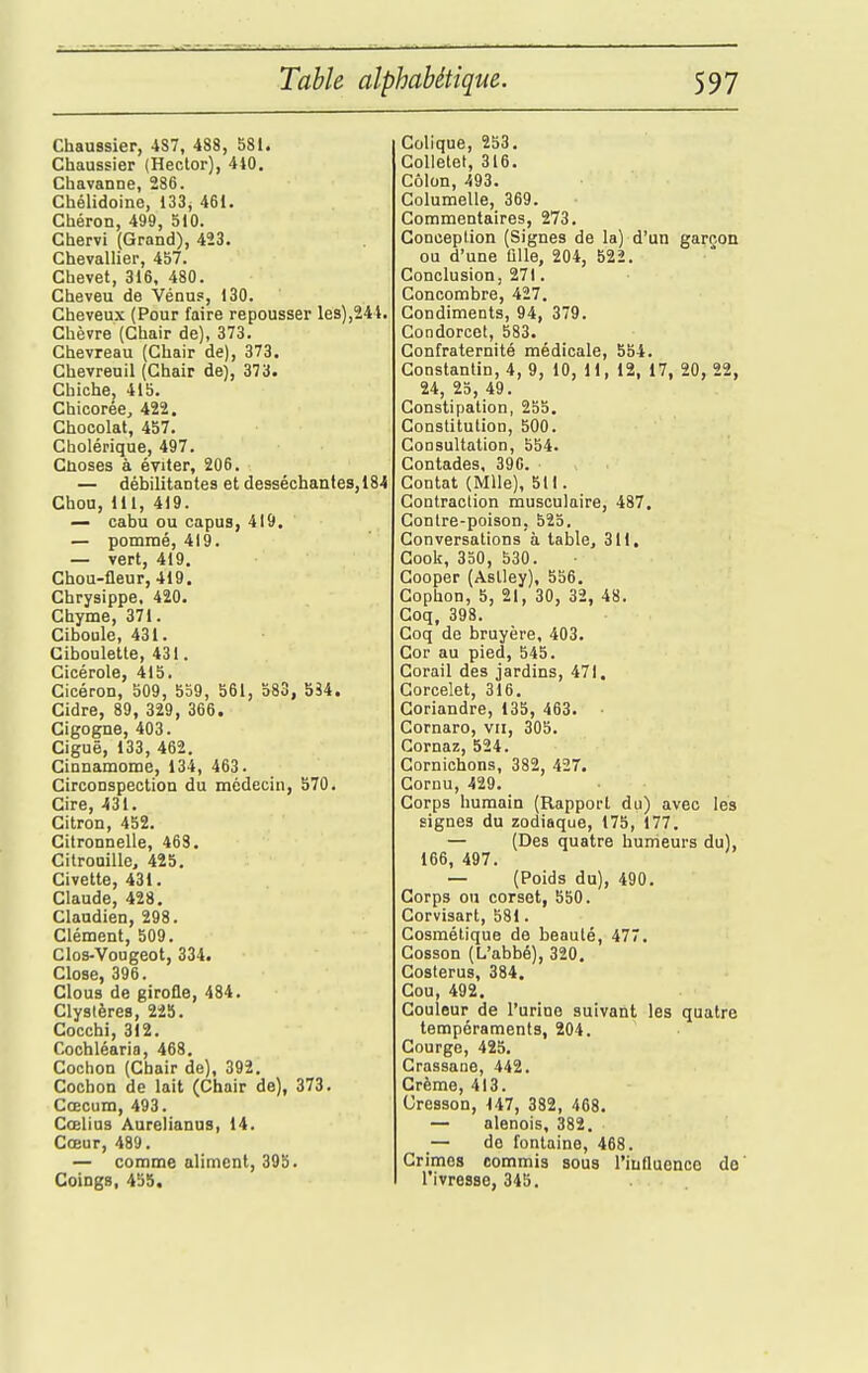 Chaussier, 487, 488, 581. Chaussier (Hector), 410. Cbavanne, 286. Chélidoine, 133, 461. Chéron, 499, 510. Chervi (Grand), 423. Chevallier, 457. Chevet, 316. 480. Cheveu de Vénu?, 130. Cheveux (Pour faire repousser les),244. Chèvre (Chair de), 373. Chevreau (Chair de), 373. Chevreuil (Chair de), 373. Chiche, 415. Chicorée, 422. Chocolat, 457. Cholérique, 497. Choses à éviter, 206. — débilitantes et desséchantes, 184 Chou, lit, 419. — cabu ou capus, 419. — pommé, 419. — vert, 419. Chou-fleur, 419. Chrysippe, 420. Chyme, 371. Ciboule, 431. Ciboulette, 431. Cicérole, 415. Cicéron, 509, 5o9, 561, 583, 534. Cidre, 89, 329, 366. Cigogne, 403. Ciguë, 133, 462. Cinnamome, 134, 463. Circonspection du médecin, 570. Cire, 431. Citron, 452. Citronnelle, 463. Citrouille, 425. Civette, 431. Claude, 428. Clandien, 298. Clément, 509. Clos-Vougeot, 334. Close, 396. Clous de girofle, 484. Clysières, 225. Cocchi, 312. Cochléaria, 468. Cochon (Chair de), 392. Cochon de lait (Chair de), 373. Cœcum, 493. Cœllus Aurelianus, 14. Cœur, 489. — comme aliment, 395. Coings, 455. Colique, 253. CoUetet, 316. Côlon, 493. Columelle, 369. Commentaires, 273. Conception (Signes de la) d'un garçon ou d'une ûlle, 204, 522. Conclusion, 271. Concombre, 427. Condiments, 94, 379. Condorcet, 583. Confraternité médicale, 554. Constantin, 4, 9, 10, 11, 12, 17, 20, 22, 24, 25, 49. Constipation, 25b. Constitution, 500. Consultation, 554. Contades, 390. Contât (Mlle), 511. Contraction musculaire, 487. Contre-poison, 525. Conversations à table, 311. Cook, 350, 530. Gooper (Aslley), 556. Cophon, 5, 21, 30, 32, 48. Coq, 398. Coq de bruyère, 403. Cor au pied, 545. Corail des jardins, 471. Gorcelet, 316. Coriandre, 135, 463. Cornaro, vu, 305. Cornaz, 524. Cornichons, 382, 427. Cornu, 429. Corps humain (Rapport du) avec les signes du zodiaque, 175, 177. — (Des quatre humeurs du), 166, 497. — (Poids du), 490. Corps ou corset, 550. Corvisart, 581. Cosmétique de beauté, 477. Cosson (L'abbé), 320. Costerus, 384. Cou, 492. Couleur de l'urine suivant les quatre tempéraments, 204. Courge, 425. Crassane, 442. Crème, 413. Cresson, 147, 382, 468. — alenois, 382. — do fontaine, 468. Grimes commis sous l'influence do' l'ivresae, 345.