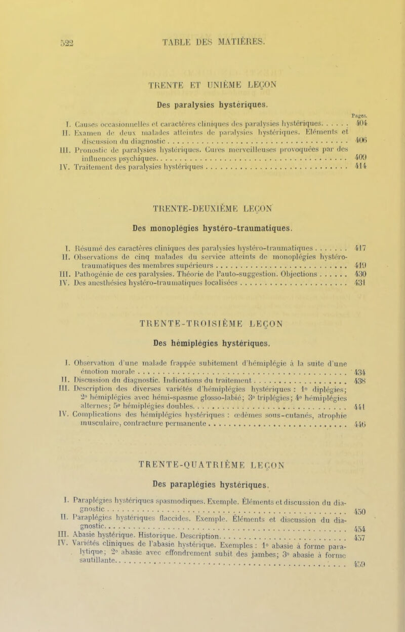 TRENTE ET UNIÈME LEÇON Des paralysies hystériques. Page?. I. Causes occasionnelles et caractères cliniques des paralysies hystériques 404 IL Examen de deux malades atteintes de paralysies hystériques. Eléments ei discussion du diagnostic 406 III. Pronostic de paralysies hystériques. Cures merveilleuses provoquées par des inlluences psychiques 409 IV. Traitement des paralysies hystériques 414 TRENTE-DEUXIÈME LEÇON Des monoplégies hystéro-traumatiques. I. Résumé des caractères cliniques des paralysies hystéro-traumatiques 417 11. Observations de cinq malades du service atteints de monoplégies hystéro- traumatiques des membres supérieurs 419 III. Pathogénie de ces paralysies. Théorie de l’auto-suggestion. Objections 430 IV. Des anesthésies hystéro-traumatiques localisées 431 TRENTE-TROISIÈME LEÇON Des hémiplégies hystériques. I. Observation d'une malade frappée subitement d’hémiplégie à la suite d une émotion morale 434 II. Discussion du diagnostic. Indications du traitement 43,S III. Description des diverses variétés d’hémiplégies hystériques : 1° diplégies; 2° hémiplégies avec hémi-spasme glosso-labié; 3° triplégies; 4° hémiplégies alternes; 5» hémiplégies doubles 441 IV. Complications des hémiplégies hystériques : œdèmes sous-cutanés, atrophie musculaire, contracture permanente 440 T RENTE-Q U A TR IÈM E LE ÇO N Des paraplégies hystériques. I. Paraplégies hystériques spasmodiques. Exemple. Éléments et discussion du dia- gnostic 450 II. Paraplégies hystériques flaccides. Exemple. Éléments et discussion du dia- gnostic 454 III. Abasie hystérique. Historique. Description 477 IV. Variétés cliniques de l’abasie hystérique. Exemples : 1° abasie à forme para- lytique; 2’ ahasie avec effondrement subit des jambes; 3 abasie à forme sautillante