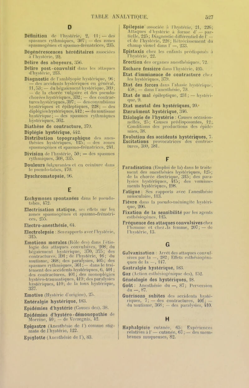 D Définition de l'hystérie, 2, 11 ; — dos spasmes rythmiques, 307;— des zones spasmogènes et spasmo-frénatrices, 235. Dégénérescences héréditaires associées à l'hystérie, 20. Délire des aboyeurs, 356. Délire post-convulsif dans les attaques d’hystérie, 213. Diagnostic de l'ainblyopie hystérique, 06; — des accidents hystériques en général, 11,53; — du bégaiement hystérique, 360; — de la chorée vulgaire et des pseudo- chorées hystériques, 332; — des contrac- tures hystériques, 307; — desconvulsions hystériques et épileptiques, 228; — des diplégieshystériques, 442 ; — du mutisme hystérique; — des spasmes rythmiques hystériques, 362. Diathèse de contracture, 370. Diplégie hystérique, 442. Distribution topographique des anes- thésies hystériques, 125; — des zones spasmogènes et spasmo-frénatrices, 241. Division de l'hystérie, 50; — des spasmes rythmiques, 308, 335. Douleurs fulgurantes et en ceinture dans h1 pseudo-la lies, 470. Dyschromatopsie, 06. E Ecchymoses spontanées dans le pseudo- tabes, 472. Electrisation statique, ses effets sur les zones spasmogènes et spasmo-frénalri- ces, 255. Electro-anesthésie, 64. Electrolepsie : Ses rapports avec l'hystérie, 315. Emotions morales (Rôle des) dans l'étio- logie des attaques convulsives, 208; du bégaiement hystérique, 370, 375; des contractures, 391 ; de l’hystérie, 16; du mutisme, 368; des paralysies, 405; des spasmes rythmiques, 361;— dans le trai- tement des accidents hystériques, 6, 401 ; des contractures, 401 ; îles monoplégies hystéro-traumatiques, 410; des paralysies hystériques, 410; île la toux hystérique, 337. Emotive (Hystérie d'origine), 25. Entéralgie hystérique, 183. Epidémies d’hystérie (Causes des), 38. Epidémies d'hystéro-démouopathie de Morzine, 40; — de. Verzegnis, 42. Epigastre (Anesthésie de 1) comme stig- mate de l'hystérie, 122. Epiglotte (Anesthésie de 1), 83. I Epilepsie associée à I hystérie, 21, 226; Attaques d'hystérie à forme d’ — par- tielle, 225; Diagnostic différentiel de I' - et de l'hystérie, 228 ; Rétrécissement du champ visuel dans f —, 233. Epistaxis chez les enfants prédisposés à l’hystérie, 22, Erection des organes anesthésiques, 72. Eschare fessière dans l'hystérie, 405. Etat d’imminence de contracture chez les hystériques, 370. Etat des forces dans l’abasie hystérique, 458; — dans l'anesthésie, 70. Etat de mal épileptique, 231; — hystéri- que, 0. Etat mental des hystériques, 20/ Eternûment hystérique, 346. Etiologie de l’hystérie : Causes occasion- nelles, 25; Causes prédisposantes, 12;, Conditions des productions des épidé- mies, 38. Evolution des accidents hystériques, 7. Excitations provocatrices des contrac- tures, 380, 381. F Faradisation (Emploi de la) dans le traite ment des anesthésies hystériques, 125; de la chorée électrique, 315; des para- lysies hystériques, 4l5; des vomisse- ments hystériques, 108. Fatigue : .Ses rapports avec l’anesthésie musculaire, 113. Fièvre dans la pseudo-méningite hystéri- que, 206. Fixation de la sensibilité par les agents esthésiogènes, 115. Fréquence des attaques convulsives chez l’homme et chez.la femme, 207; — de l'hystérie, 13. G Galvanisation : Arrêt des attaques convul- sives par la —, 282; Effets esthésiogéni- ques de la —, 147. Gastralgie hystérique, 183. Gaz (Action esthésiogénique des), 152. Généalogie des hystériques, 18. Goût: Anesthésie du—,87; Perversion du —, 87. Guérisons subites des accidents hysté- riques, 7; — des contractures, 401; — du mutisme, 368; — des paralysies, 410. H Haphalgésie cutanée, 65; Expériences relatives à 1’ — cutanée, 67 ; — des mem- branes muqueuses, 82.