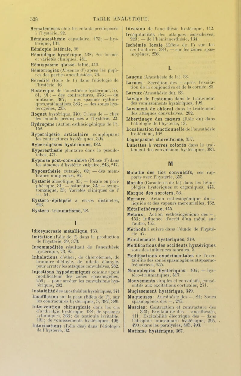 Héinatémèses riiez les entants prédisposés à riiyslérie, 22. Hémianesthésie capsulaire, 173; — hys- térique, 131. Hémiopie latéi’ale, 98. Hémiplégie hystérique, 438; Ses formes et variétés cliniques, 441. Hémispasme glasso-labié, 440. Hémorragies (Absence d’) après les piqû- res des parties anesthésiées, 76. Hérédité (Rôle de 1) dans l'étiologie de l'hystérie, 16. Historique de l'anesthésie hystérique, 55, 81, 91 ; — des contractures, 376; — du mutisme, 367;—des spasmes.rythmi- ques^ystématisés, 383; — des zones hys- térogènes, 235. Hoquet hystérique, 340; Crises de — chez les enfants prédisposés à l’hystérie, 22. Hydrogène (Action esthésiogénique de F), 152. Hyperalgésie articulaire compliquant les contractures hystériques, 394. Hyperalgésies hystériques, 482. Hyperesthésie plantaire dans le pseudo- tabes, 471. Hypnose post-convulsive (Phase d’)dans les attaques d’hystérie vulgaire, 213,217. Hypoesthésie cutanée, 62; — des mem- branes muqueuses, 82. Hystérie alcoolique, 35; — locale ou péri- phérique, 31 ; — saturnine, 34; — symp- tomatique, 33; Variétés cliniques de F , . > 1. Hystéro-épilepsie à crises distinctes, 226. Hystéro-traumatisme, 28. I Idiosyncrasie métallique, 153. Imitation (Rôle de F) dans la production de l’hystérie, 39, 373. Incommodités résultant de l'anesthésie hystérique, 73, 85. Inhalations d’éther, de chloroforme, de bromure d’éthyle, de nitrite d’amyle, pour arrêter les attaques convulsives, 282. Injections hypodermiques comme agent modificateur des zones spasmogènes, 256; — pour arrêter les convulsions hys- tériques, 282. Instabilité des anesthésies hystériques, 141 Insufflation sur la peau (Effets de F), sur les contractures hystériques, 5, 382, 386. Intervention chirurgicale dans les cas d’arthralgie hystérique, 188; de spasmes rythmiques, 366; de testicule irritable, 191 ; de vomissements hystériques, 498. Intoxications (Rôle des) dans l’étiologie de l’hystérie, 32. Invasion de l'anesthésie hystérique, 142. Irrégularités des attaques convulsives, 220; — de l’hémianesthésie, 434. Ischémie locale (Effets de F) sur les contractures, 388; — sur les zones spas- mogènes, 256. L Langue (Anesthésie de la). 83. Larmes : Secrétion des — après l’excita- tion de la conjonctive et de la cornée, 85. Larynx (Anesthésie du), 83. Lavage de l’estomac dans le traitement des vomissements hystériques, 198. Lavement de chloral dans le traitement des attaques convulsives, 282. Libertinage des mœurs (Rôle du) dans l’étiologie de l’hystérie, 13. Localisation fonctionnelle de l'anesthésie hystérique, 168. Logospasme choréifonne, 357. Lunettes à verres colorés dans le trai- tement des convulsions hystériques, 383. M Maladie des tics convulsifs, ses rap- ports avec l’hystérie, 355. Marche (Caractères de la) dans les hémi- plégies hystériques et organiques, 444. Marque des sorciers, 56. Mercure: Action esthésiogénique du— liquide et des vapeurs mercurielles, 452. Métallothérapie, 145. Métaux : Action esthésiogénique des — , 153; Influence d’arrêt d’un métal sur l’autre, 455. Méthode à suivre dans l'étude de l’hysté- rie, 47. Miaulements hystériques, 348. Modifications des accidents hystériques sous des influences morales, 5. Modifications expérimentales île l'exci- tabilité des zones spasmogènes etspasmo- frénatrices, 255. Monoplégies hystériques, 404; — hys- téro-traumatiques, 417. Mouvements simples et convulsifs, consé- cutifs aux excitations corticales, 271. Mugissement hystérique, 349. Muqueuses: Anesthésie des —,81 ; Zones spasmogènes des —, 245. Muscles: Contraction et contracture des — , 383; Excitabilité des — anesthésiés, 111; Excitabilité électrique des — dans l’atrophie musculaire hystérique, 395. 490; dans les paralysies, 405, 493. Mutisme hystérique, 367.