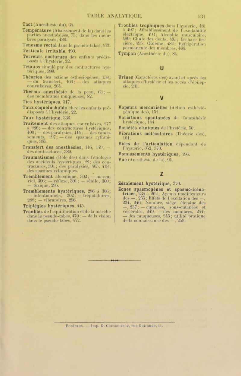 Tact (Anesthésie du), Ci. Température (Abaissement de la) dans les parties anesthésiées, 75 ; dans les mem- bres paralysés, 48C. Tenesme rectal dans le pseudo-tabes, 472. Testicule irritable, 190. Terreurs nocturnes des enfants prédis- posés à l’hystérie, 22. Tétanos simulé par des contractures hys- tériques, 398. Théories des actions esthésiogènes, 158; — du transfert, ICO; — des attaques convulsives, 264. Thermo-anesthésie de la peau, 63; — îles membranes muqueuses, 82. Tics hystériques, 317. Toux coqueluchoïde chez les enfants pré- disposés à l’hystérie, 22. Toux hystérique, 336. Traitement des attaques convulsives, 277 à 286;—des contractures hystériques, 400; — des paralysies, 414; — des vomis- sements, 197;—îles spasmes rythmi- ques, 365. Transfert des anesthésies, 146, 149; des contractures, 389. Traumatismes (P.ùle des) dans l'étiologie des accidents hystériques, 28; des con- tractures, 391 ; des paralysies, 405, 418; des spasmes rythmiques. Tremblement alcoolique, 302; — mercu- riel, 306; — réflexe, 301 ; — sénile, 300; — toxique, 295. Tremblements hystériques, 286 à 306; — intentionnels, 302; — trépidatoires, 288; — vibratoires, 296. Triplégies hystériques, 445. Troubles de l’équilibration et de la marche dans le pseudo-tabes, 470; — de la vision dans le pseudo-tabes, 472. Troubles trophiques dans l’hystérie, 481 à 497; Affaiblissement de l’excitabilité électrique, 493; Atrophie musculaire, 489; Chute des dents, 495; Eschare les- sière, 495; Œdème, 482; Réfrigération permanente des membres, 486. Tympan (Anesthésie du), 84. U Urines (Caractères des) avant et après les attaques d’hystérie elles accès d’épilep- sie, 231. V Vapeurs mercurielles (Action eslhésio- génique des), 151. Variations spontanées de l'anesthésie hystérique, 144. Variétés cliniques de l'hystérie, 50. Vibrations moléculaires (Théorie des), 161. Vices de l’articulation dépendant de l’hystérie, 352, 370. Vomissements hystériques, 196. Vue (Anesthésie de la), 94. Z Zézaiement hystérique, 370. Zones spasmogènes et spasmo-fréna- trices, 234 à 262; Agents modificateurs des —, 255; Effets de l’excitation des —, 234, 246; Nombre, siège, étendue des —,237; — cutanées, sous-cutanées et viscérales, 249;—des membres, 244; — des muqueuses, 245; utilité pratique de la connaissance des —, 259. Bordeaux. — lmp. G. Gounocilhoü, rue Guiraude, 11.