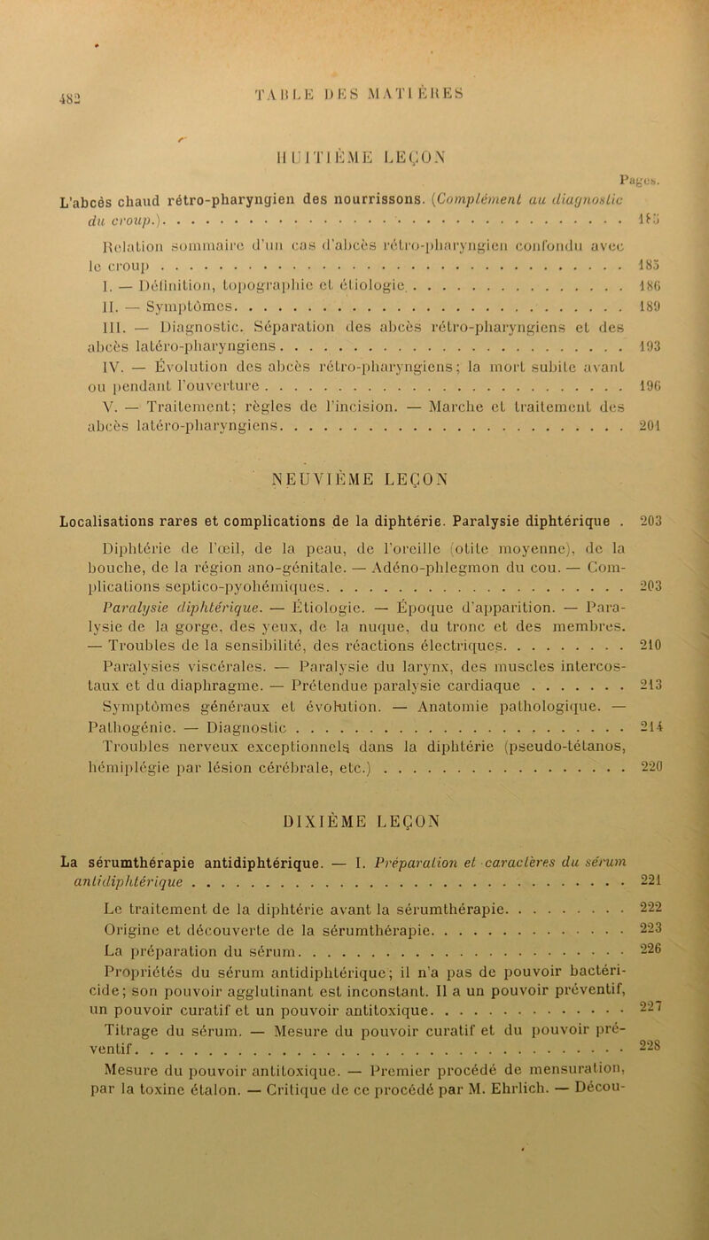 HUITIÈME IÆ(;0.\ Pages». L’abcés chaud rétro-pharyngien des nourrissons. {Complément au diafjnosLic du cvoiip.) lU’j Relalioii riominaii'C d’iiii cas d’abcès rcLi'o-plia 17111^1011 conroiidii avec le croiij) 185 I. — Déliiiilioii, lopograiiliie cl cliologio, 18G II. — SynipLùmcs 18‘J III. — Diaiinoslic. Séparaliun des abcès réLro-pliaryn^iens et des abcès laLèi'O-pliaryngiens 193 IV. — Évülulioii des abcès rélro-pharyiigieiis ; la inorl subite avaiil ou pendant l’ouverture 19C V. — Traitenient; règles de l’incision. — Marche cl Iraiteinenl des abcès laléro-pliaryngiens 201 NEUVIÈME LEÇON Localisations rares et complications de la diphtérie. Paralysie diphtérique . 203 Diphtérie de l’œil, de la peau, de l’oreille (Olile moyenne;, de la bouche, de la région ano-génitale. — Adéno-phlegmon du cou. — Com- plications septico-pyohémiques 203 Paralysie diphtérique. — Étiologie. — Époque d’apparition. — Para- lysie de la gorge, des yeux, de la nuque, du tronc et des membres. — Troubles de la sensibilité, des réactions électriques 210 Paralysies viscérales. — Paralysie du larynx, des muscles intercos- taux et du diaphragme. — Prétendue paralysie cardiaque 213 Symptômes généraux et évohition. — Anatomie pathologique. — Pathogénie. — Diagnostic 214 Trouhles nerveux exceptionnels dans la diphtérie (pseudo-tétanos, hémiplégie par lésion cérébi’ale, etc.) 220 DIXIÈME LEÇON La sérumthérapie antidiphtérique. — I. Préparation et caractères du sérum antidiphtérique 221 Le traitement de la diphtérie avant la sérumthérapie 222 Origine et découverte de la sérumthérapie 223 La préparation du séi’um 226 Propriétés du sérum antidiphtérique; il n’a pas de pouvoir bactéri- cide; son pouvoir agglutinant est inconstant. Il a un pouvoir préventif, un pouvoir curatif et un pouvoir antitoxique 227 Titrage du sérum. — Mesure du pouvoir curatif et du pouvoir pré- ventif 228 Mesure du pouvoir antitoxique. — Premier procédé de mensuration, par la toxine étalon. — Critique de ce procédé par M. Ehrlich. — Décou-