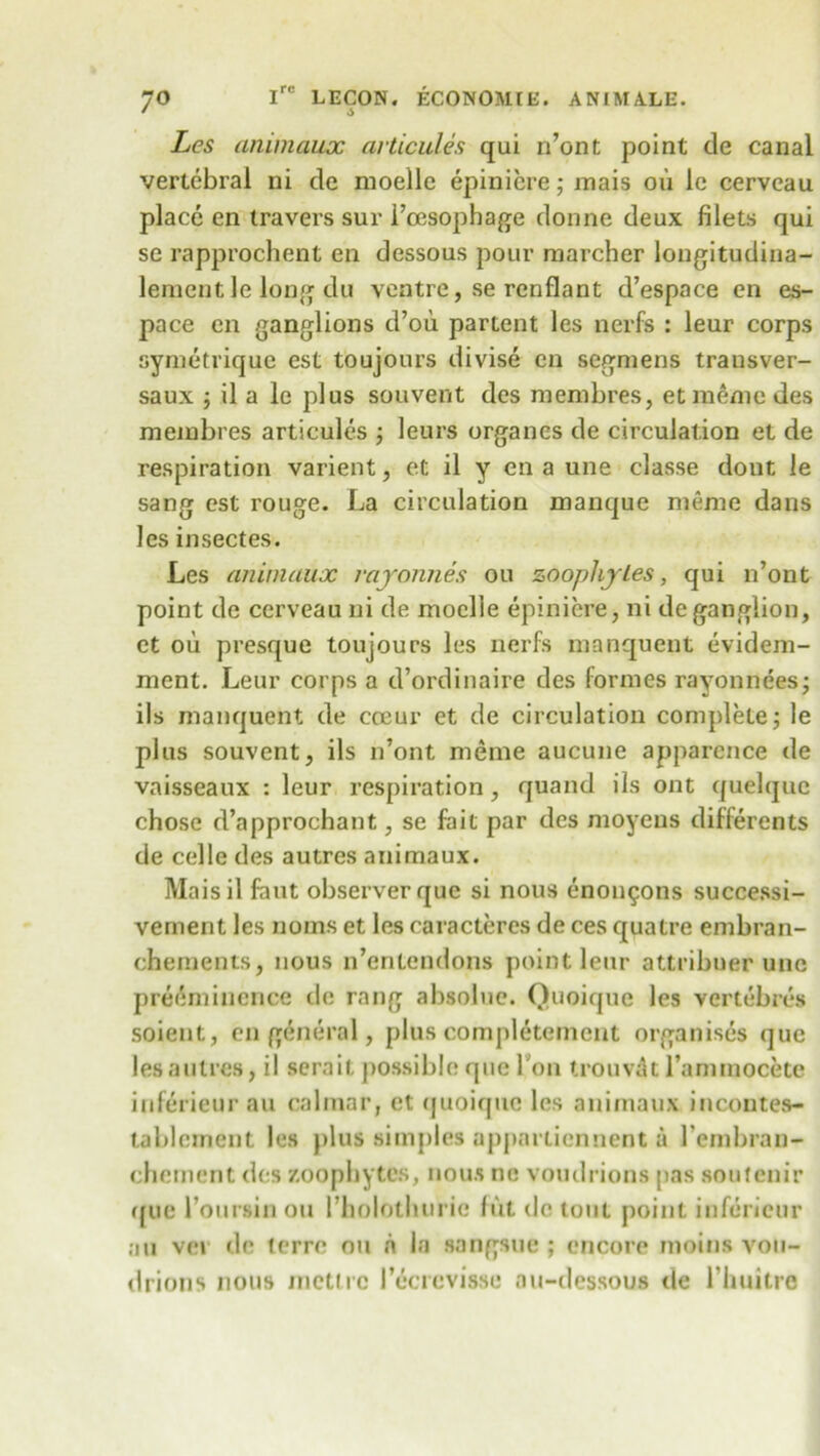 ' 6 Les animaux avticules qui n’ont point de canal vertebral ni de moellc epinicre; mais ou le cerveau place en travel's sur i’cesophage donne deux filets qui se rapprochent en dessous pour marcher longitudina- lement le long du ventre, se renflant d’espace en es- pace en ganglions d’oii partent les nerfs : leur corps symetrique est toujours divise en segmens trausver- saux ; il a lc plus souvent des membres, et meme des meinbres articules j leurs organcs de circulation et de respiration varient, et il y en a une classe dont le sang est rouge. La circulation manque meme dans lesinsectes. Les animaux rayonnes ou zoophytes, qui n’ont point de cerveau ni de moelie epinicre, ni de ganglion, et ou presque toujours les nerfs manquent evidem- ment. Leur corps a d’ordinaire des formes rayonnees; ils manquent de coeur et de circulation complete; le plus souvent, ils n’ont meme aucune apparence de vaisseaux : leur respiration, quand ils ont quelquc chose d’approchant, se fait par des moyens differents de celle des autres animaux. Mais il font observer quo si nous enoi^ons successi- vement les noms et les caracteres de ces quatre embran- chements, nous n’entendons point leur attribuer unc preeminence de rang absolue. Quoique les vertebres soient, en general, plus completemcnt organises que les autres, il sera it possible que Ton trouvat l’ammocete inferieur an calmar, et quoique les animaux incontes- tablcinent les plus simples appartiennent a 1’embran- chement des zoophytes, nous ne voudrions pas soutenir (rue 1’oursin ou l’hoiothurie fut do tout point inferieur au vei* dc terre ou a la sangsue ; encore moins vou- drions nous mctlrc I’ecrcvisse au-dessous de l’huitre