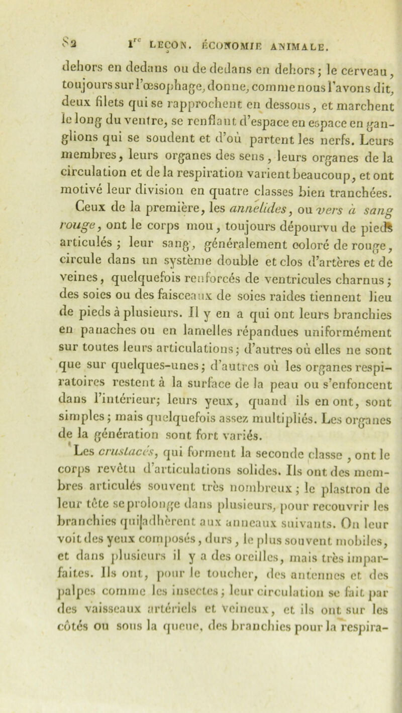 dehors en dedans ou de dedans en dehors; le cerveau , toujourssurrcesophage,donne, commenousTavons dit, deux filets quise rapprochent en dessous, et marchent le long du ventre, se renflant d’espace en espace en gan- glions qui se soudent ct d’ou partent les nerfs. Leurs membres, leurs organes des sens , leurs organes de la circulation et de la respiration varient beaucoup, et ont motive leur division en quatre classes bieri tranchees. Ceux de la premiere, les annetides, ou vers a sang rouge, ont le corps mou, toujours depourvu de pie* articules ; leur sang, generalement oolore de rouge, circule dans un systeme double et clos d’arteres et de veines, quelquefois reuforces de ventricules charnus; des soies ou des faisceaux de soies raides tienneut lieu de pieds a plusieurs. II y en a qui ont leurs branchies en panaches ou en lamelles repandues uniformement sur toutes leurs articulations; d’autres ou elles ne sont que sur quelques-unes; d’autres ou les organes respi- ratoires restent a la surface de la peau ou s’enfoncent dans l’interieur; leurs yeux, quand ilsenont, sont simples; mais quelquefois assez multiplies. Les organes de la generation sont fort varies. Les crus Laces, qui forment la seconde classe , ont le corps revetu d articulations solides. Ils ont des mem- bres articules souvent tres nornbreux; le plastron de leur tete seprolonge dans plusieurs, pour recouvrir les branchies qui|adherent aux anneaux suivants. On leur voit des yeux composes, durs, le plus souvent mobiles, ct dans plusieurs il y a des oreillcs, mais tres irnpar- faites. JIs ont, pour le toucher, des antennes ct des palpcs comuie les insectes; leur circulation se fait par des vaisseaux arteriels et Vcincux, et ils ont sur les cot&$ ou sous la queue, des branchies pour la respira-