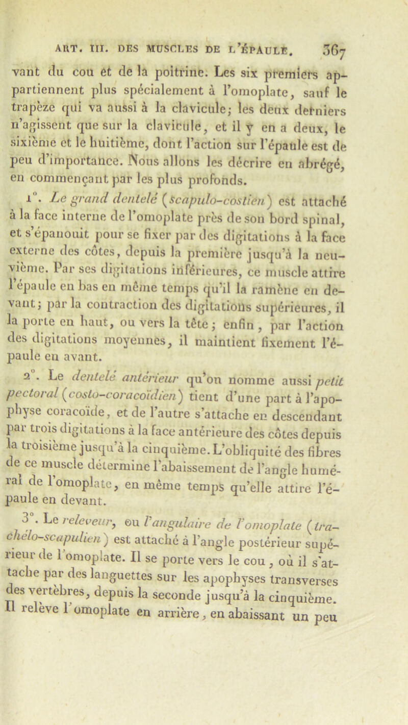 vant du cou 6t de la poltfine. Les six premiers ap- partiennent plus specialement a l’omoplate, sauf le trapeze qui va aussi a la clavicule; les deux defniers n’agisscnt que sur la clavicule, et il y en a deux, le sixieme et le huitiemc, dont Taction sur Pepaule est de peu d’importance. Nous allons les decrire en ftbr%4, en commen^ant par les plus profonds. 1 . Le grand dentele (scapulo-coslien) est attache a la face interne de 1’omoplate pres deson bord spinal, et s’epanouit pour se fixer par des dictations a la face exto ue des cotes, depuis la premiere jusqu’a la ncu— vie me. Par ses dictations irif^rieures, ce muscle attire Pepaule en has en meme temps qu’il la ramene en de- vaut; par la contraction dcs dilations superieures, il la pone en haut, ou vers la t£te; enfin , par Paction des dictations moyeunes, il maintient lixement P4- paule en avant. 2 . Le dentele anteneur qu’on nomine aussi petit pectoral (coslu-coracoidien) tient d’une part a Papo- pb^se coiacoide, et de 1 autre s attache en descendant par trois digitations a la face anterieure des cotes depuis la troisieme jusqu’a la cinquieme. L’obliquite des fibres de ce muscle determine Pabaissement de l’angle hume- ral de l’omoplate, en meme temps qu’eJIe attire le- paule en devant. 3°. Le releveur, ou Vangulaire de Vomoplale (tra- c n lose upulien ) est attache a 1 angle posterieur supe- neur de l'omoplate. Il se porte vers le cou , oh il s'at- tache par des languettes sur les apophyses transverses es vertebres, depuis la seconde jusqu a la cinquieme.