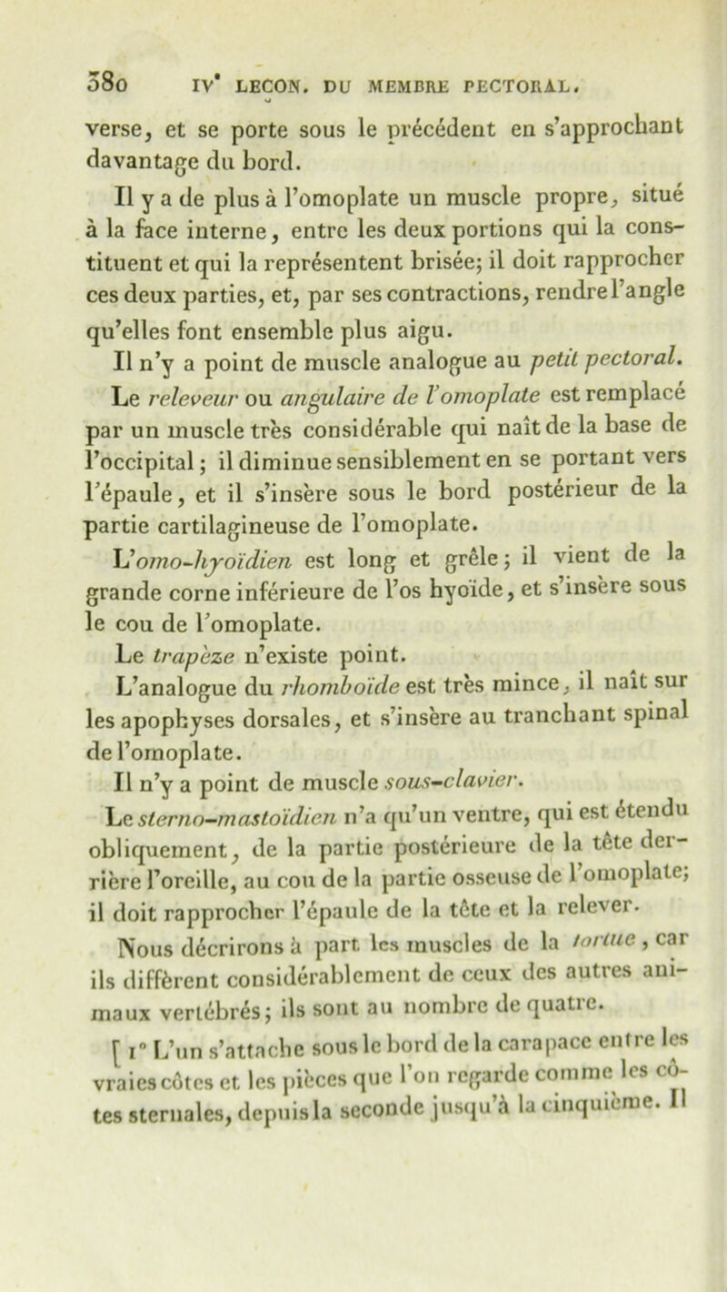 o verse, et se porte sous le precedent en s’approcliant da vantage du bord. II y a de plus a l’omoplate un muscle propre, situe a la face interne, entre les deux portions qui la cons- tituent et qui la representent brisee; il doit rapprocher ces deux parties, et, par ses contractions, rendrel’angle qu’elles font ensemble plus aigu. II n’y a point de muscle analogue au petd pectoral. Le releveur ou angulaire de Vomoplate est remplace par un muscle tres considerable qui naitde la base de l’occipital; il diminuesensiblement en se portant vers l’epaule, et il s’insere sous le bord posterieur de la partie cartilagineuse de Fomoplate. L’omo-hyoidien est long et grele; il vient de la grande corne inferieure de l’os hyoide, et s’insere sous le cou de Fomoplate. Le trapeze n’existe point. L’analogue du rhombo'ide est tres mince, il nait sui les apophyses dorsales, et s’insere au tranchant spinal de Fomoplate. Il n’y a point de muscle sous-clavier. Lesterno-mastoidien n’a qu’un ventre, qui est etendu obliquement, de la partie posterieure de la tete der- riere Foreille, au cou de la partie osseuse de Fomoplate; il doit rapprocher l’epaule de la t6te et la relever. Nous decrirons ii part les muscles de la tortue , car ils different considerablement dc ceux des autres aui- maux verlebres; ils sont au nombre de quatre. [ i° L’un s’attache sous le bord dela carapace entre les vraies cotes et les pieces que Fon regarde com me les co- tes sternales, depuisla scconde jusqu a la cinquii me.