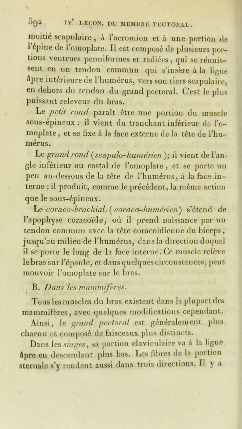 moitie scapulaire, a l’acromion eta une portion de 1 epine de l’omoplate. II est compose de plusieurs por- tions ventrues penniformes et radices, qui se reunis« sent en un tendon commun qui s’inserc a la ligne ^pre interieure de l’humerus, vers son tiers scapulaire, en dehors du tendon du grand pectoral. C’est le plus puissant releveur du bras. Le petit rond paralt etre une portion du muscle sous-epineux : il vient du tranchant inferieur de I’o- moplate, et se fixe a la face externe de la tete de l’hu- merus. Le grand rond (scapulo-humerien); il vient de Tan- gle inferieur ou costal de l’omoplate, et se porte un peu au-dessous de la tete de 1’humerus, a la face in- terne ; il produit, comme le precedent, la meine action que le sous-epineux. Le coraco-brachial ( coraco-humerien) s’etend de Tapophyse coraco’ide, ou il prend naissance par un tendon commun avec la tete coracoidicnne du biceps, jusqu’au milieu de Thumerus, dans la direction duquel il se porte le long de la face interne. Ce muscle releve lebras sur Tepaule, et dansquelquescirconstances, peut niouvoir Tomoplate sur le bras. B. Dans les mammiferes. Tous lesmuscles du bras existent dans la plupartdes mammiferes, avec quelques modifications cependant. Ainsi, Je grand pectoral est gen<h’alemenl plus charnu et compose de faisceaux plus distincts. Bans les singes, sa portion claviculaire va a la hgne 5pre en descendant plus bas. Les fibres de la portion