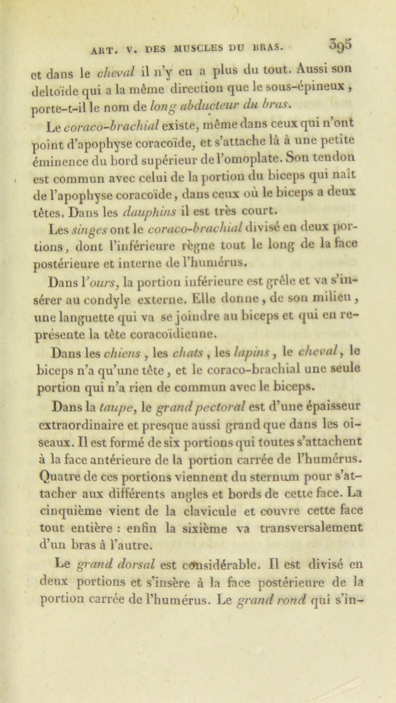 ct dans le clieval il n’y en a plus du tout. Aussi son delio'ide qui a la meme direction que le sous-epineux , porte-t-il le nom de long abducteur du bras. Le coraco-brachial existe, meme dans ceux qui n ont point d’apophyse coracoide, et s’attache la a une petite eminence du bord superieur del’omoplate. Son tendon est com mu n avec celui de la portion du biceps qui nait de l’apophyse coracoide, dans ceux ou le biceps a deux tetes. Dans les dauphins il est ires court. Les singes ont le coraco-brachial divise en deux por- tions, dont l’inferieure regne tout le long de la face posterieure et interne de l’humerus. Dans Yours, la portion inferieure est gr&le et va s in- surer au condyle externe. Elle donne , de son milieu , une languette qui va se joindre au biceps et qui en re- presente la t£te coracoidienne. Dans les chiens , les chats , les lupins, le clieval, le biceps n’a qu’une t6te, et le coraco-brachial une seule portion qui n’a rien de comniun avec le biceps. Dans la taupe, le grand pectoral est d’une ^paisseur extraordinaire et presque aussi grand que dans les oi- seaux. Il est forme de six portions qui toutes s’attachcnt a la face anterieure de la portion carr6e de I’humerus. Quatre de ces portions viennent du sternum pour s’at- tacher aux differents angles et bords de cette face. La cinquieme vient de la clavicule et couvre cette face tout entiere : enfin la sixieme va transversalement d’un bras a l’autre. Le grand dorsal est ccmsid^rable. Il est divise en deux portions et s’insere a la face posterieure de la portion carree de l’humerus. Le grand rond qui s’in-