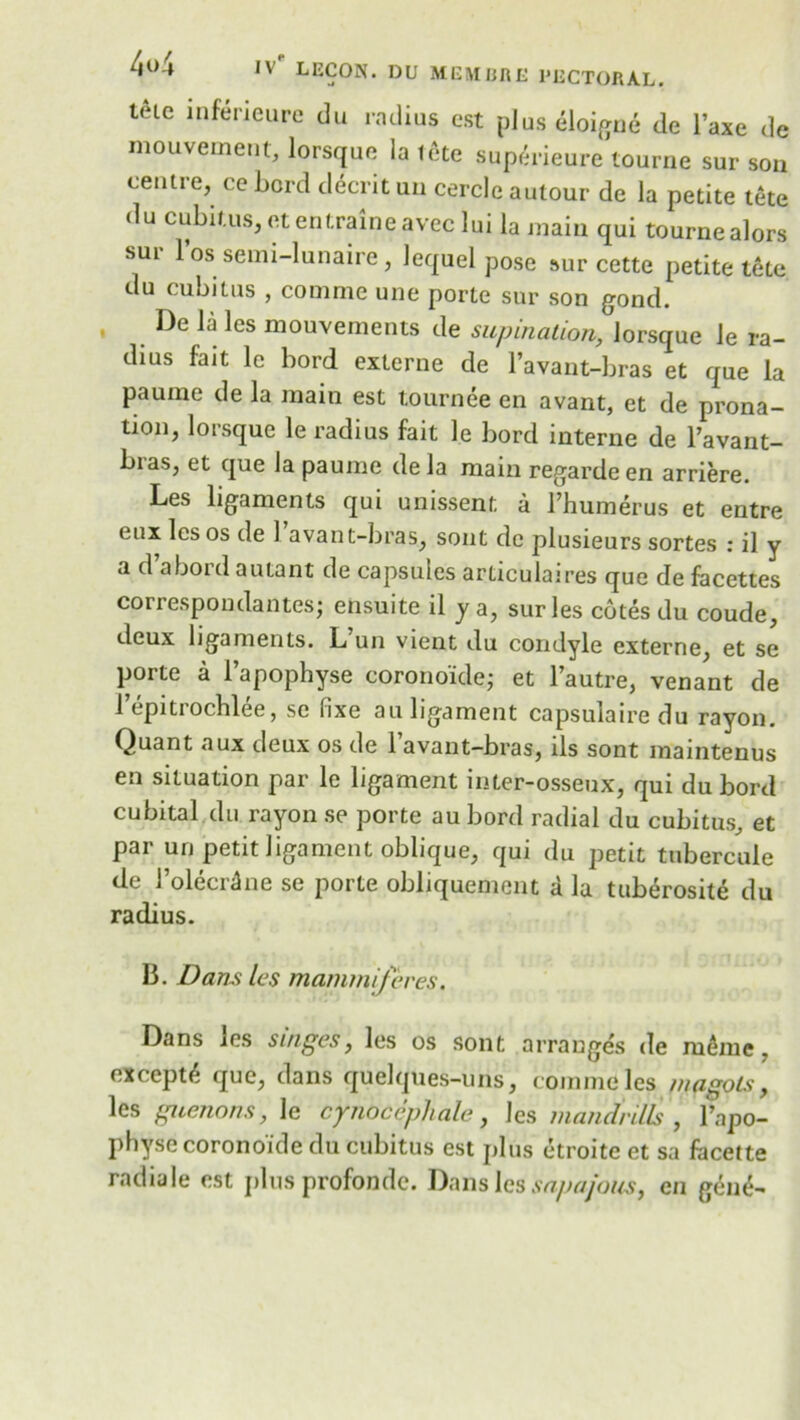 teic inferieure du radius est plus eloign^ de l’axe de mouvement, lorsque la lete superieure tourne sur son centre, ce bord decrit an cercle autour de la petite tete du cubitus, etentraineavec lui la main qui tournealors sur l’os semi-lunaire, lequel pose sur cette petite tete du cubitus , comme une porte sur son gond. , De la les mouvements de supination, Jorsque le ra- dius fait le liord externe de l’avant-bras et que la pauine de la main est tournee en avant, et de prona- tion, lorsque le radius fait le bord interne de l’avant- bias, et que la paume de la main regarde en arriere. Les ligaments qui unissent a l’humerus et entre euxlcsos de 1 avan t-bras, sont de plusieurs sortes : il y a d a bord autant de capsules articulaires que de facettes correspondantes- ensuite il y a, sur les cotes du coude, deux ligaments. L un vient du condyle externe, et se porte a 1’apophyse coronoide; et l’autre, venant de 1 epitiochlee, se iixe au ligament capsulaire du rayon. Quant aux deux os de l avant-bras, ils sont maintenus en situation par le ligament inter-osseux, qui du bord cubital du rayon se porte au bord radial du cubitus, et par un petit ligament oblique, qui du petit tubercule de I’olecrihie se porte obliquement a la tuberosite du radius. B. Dam les mammiferes. Dans les singes, les os sont arranges de m6me. except^ que, dans quelques-uds, commeles magols, les guenons, le cynocephale, Jes mandrills , l’apo- physe coronoide du cubitus est plus etroite et sa facette radiale est plus profonde. Dans les sapafous, en gen^-