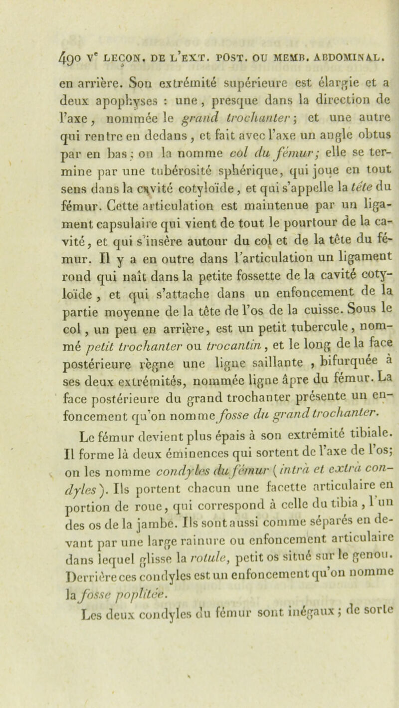 en arriere. Son extremite superieure est elargie et a deux apophyses : une , presque dans la direction de l’axe, nominee le grand trochanter; et une autre qui rentre en dedans , et fait avec l’axe un angle obtus par en has ; on la nomme col du femur ■ elle se ter- mine par une tuberosite spherique, qui joue en tout sens dans la cnvite cotylo’ide , et qui s’appelle la tete du femur. Cette articulation est maintenue par un liga- ment capsulaire qui vient de tout le pourtour de la ca- vite, et qui s insere autour du col et de la tete du fe- mur. II y a en outre dans l’articulation un ligament rond qui nait dans la petite fossette de la cavit£ coty- lo’ide 3 et qui s’attache dans un enfoncement de la partie moyenne de la tete de l’os de la cuisse. Sous le col, un peu en arriere, est un petit tubercule, nom- me petit trochanter ou trocantin , et le long de la face posterieure regne une ligue saillante , bifurquee a ses deux extremites, nommee ligue apre du femur. La face posterieure du grand trochanter presente un en- foncement qu’on nom mefosse du grand trochanter. Le femur devient plus epais a son extremity tibiale. II forme la deux eminences qui sortent de 1 axe de l’os; on les nomme condyles du femur (mtra et extra con- dyles}. Us portent chacun une facette articulaire en portion de roue, qui correspond a celle du tibia ,1 un des os de la jambe. Ils sontaussi comme scares en de- vant par une large rainure ou enfoncement articulaire dans lequel glisse la rolule, petit os situ6 sur le genou. Dcrriere ces condyles estun enfoncement qu’on nomme la fosse popfitee. Les deux condyles du femur sont in^gaux ; de sorle