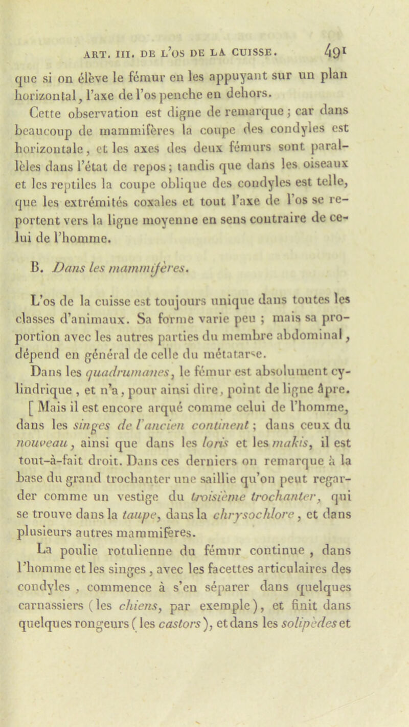 quo si on eleve le femur on les nppuyant sur un plan horizontal, l’axe de l’os penche en dehors. Cette observation est digne de remarque; car dans bcaucoup de mammiferes la coupe des condyles est horizontale, ct les axes des deux femurs sont paral- lels dans l’etat de repos; tandis que dans les oiseaux et les reptiles la coupe oblique des condyles est telle, quo les extremitos coxales et tout l’axe de 1 os se re- portent vers la ligne moyenne en sens coutraire de ce- lui de 1’homme. B. Dans les mammiferes. L’os de la cuisse est toujours unique dans toutes les classes d’animaux. Sa forme varie peu ; mais sa pro- portion avec les autres parties du membre abdominal, depend en general decelle du metntar^e. Dans les quadrwnanes, le femur est absoluinent cy- lindrique , et n’a , pour ainsi dire, point de ligne Apre. [ Mais il est encore arque comme cclui de l’homme, dans les singes de Vancien continent; dans ceux du nouveau, ainsi que dans les loris et les in a fas, il est tout-a-fait droit. Dans ces derniers on remarque a la base du grand trochanter une saillie qu’on peut regar- der comme un vestige du troisieme trochanter, qui se trouve dans la taupe, dausla chrysochlore, et dans plusieurs autres mammiferes. La poulie rotulienne du femur continue , dans 1’homme et les singes , avec les facettes articulaires des condyles , commence a s’en separer dans quelques carnassiers (les chiens} par exemple), et finit dans quelques rongeurs (les castors ), etdans les solipedeset