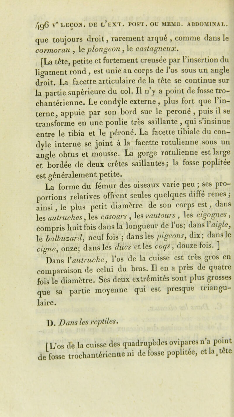 que toujours droit, rarement arqu6 , comnie dans le covmoran , le plongeon, le castagneux. [La t6te, petite et fortement creusee par l’insertion du ligament rond , est unie au corps de l’os sous un angle droit. La facette articulaire de la t6te se continue sur la partie superieure du col. II n’j a point de fosse tro- chanterienne. Le condyle externe, plus fort que l’in- terne, appuie par son bord sur le perone , puis il se transforme en une poulie trcs saillante , qui s insinue entre le tibia et le perone. La facette tibiale du con- dyle interne se joint a la facette rotulienne sous un angle obtus et mousse. La gorge rotulienne est large et bord£e de deux cretes saillantesj la fosse poplitee est generalement petite. La forme du femur des oiseaux varie peu ; ses pro- portions relatives offrent seules quelques diffe renes; ainsi, le plus petit diametre de son corps est, dans les autruches, les casoars , les vautours , les cigognes, compris huit fois dans la longueur de l’os; dans Yaigle, le balbuzard, neuffois ; dans les pigeons, dix; dans le eigne, onze; dans les clues etles coqs, douze fois. ] Dans Vautruclie, l’os de la cuisse est trcs gros en comparaison de celui du bras. II en a pres de quatre fois le diametre. Ses deux extrSmites sont plus grosses que sa partie moyenne qui est presque triangu- laire. i D. Dans les reptiles. [L’os de la cuisse des quadruples ovipares n’a point de fosse trochant^rienue ni de fosse poplitde, ctla^cte