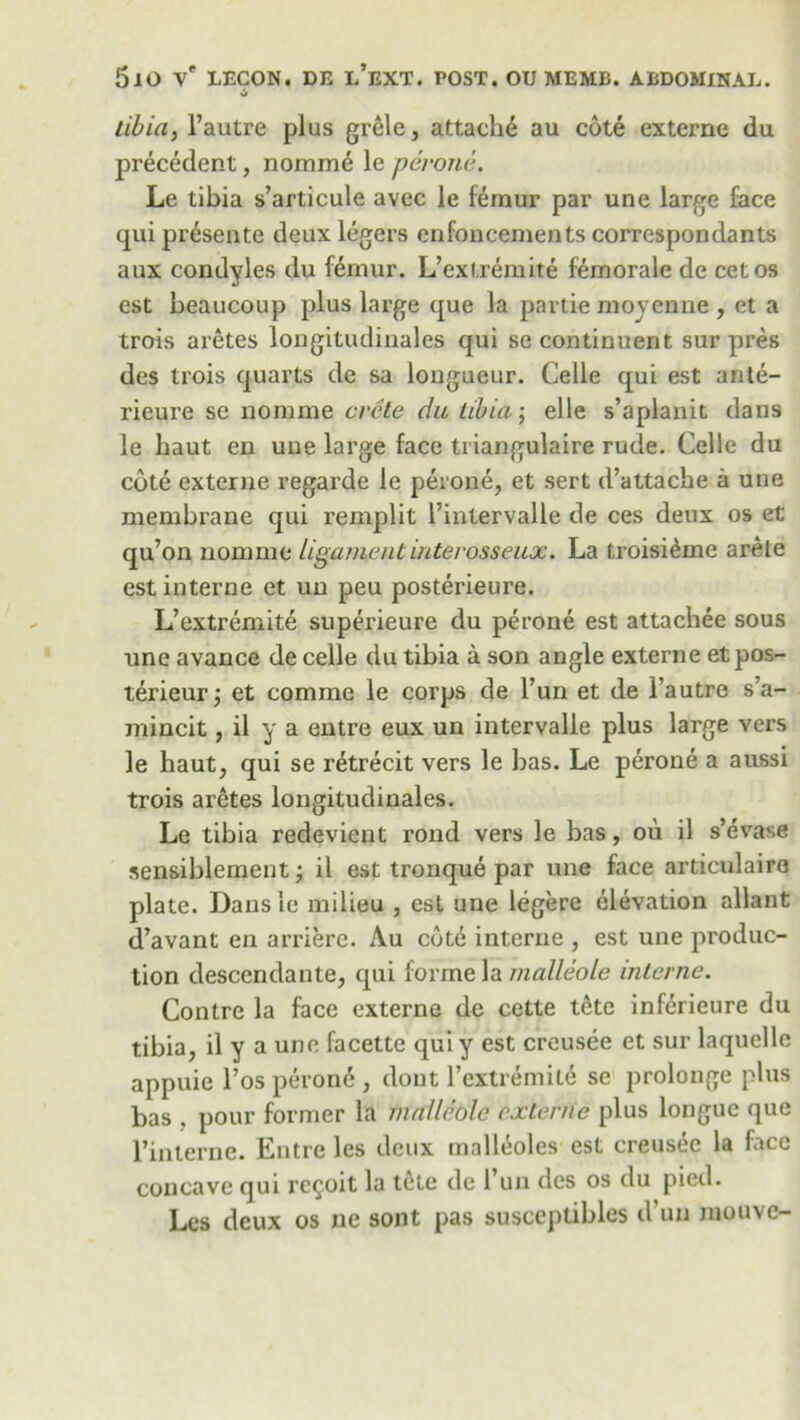 tibia, l’autre plus grele, attache au cote externe da precedent, nomm6 le perone. Le tibia s’articule avec le femur par une large face qui presente deux legers enfoncemeats correspondants aux condyles du femur. L’ext,remite femorale de cetos est beaucoup plus large que la partie moyenne , et a trois aretes longitudinales qui se continuent sur pres des trois quarts de sa longueur. Celle qui est ante- rieure se nomme arete da tibia; el le s’aplanit dans le haut en une large face triangulaire rude. Celle du cote externe regarde le perone, et sert d’attache a une membrane qui remplit Fintervalle de ces deux os et qu’on nomme ligamentinterosseux. La troisi^me arete est interne et un peu posterieure. L’extremfte superieure du perone est attachee sous une avance de celle du tibia a son angle externe etpos- terieur j et comme le corps de l’un et de 1’autre s’a- mincit , il y a entre eux un intervalle plus large vers le haut, qui se r^trecit vers le has. Le perone a aussi trois aretes longitudinales. Le tibia redevient rond vers le bas, ou il s’evase sensiblement; il est tronque par une face articulaire plate. Dans le milieu , est une legere elevation allant d’avant en arriere. Au cot6 interne , est une produc- tion descendante, qui forme la malleole interne. Contre la face externe de cette t6te inferieure du tibia, il y a une facette qui y est creusee et sur laquelle appuie Fos perone , dont l’extremite se prolonge plus bas , pour former la malleole externe plus longue que l’interne. Entre les deux malleoles est creusee la face concave qui re^oit la tete de 1 un des os du pied. Les deux os ne sont pas susceptibles d’uu mouvc-