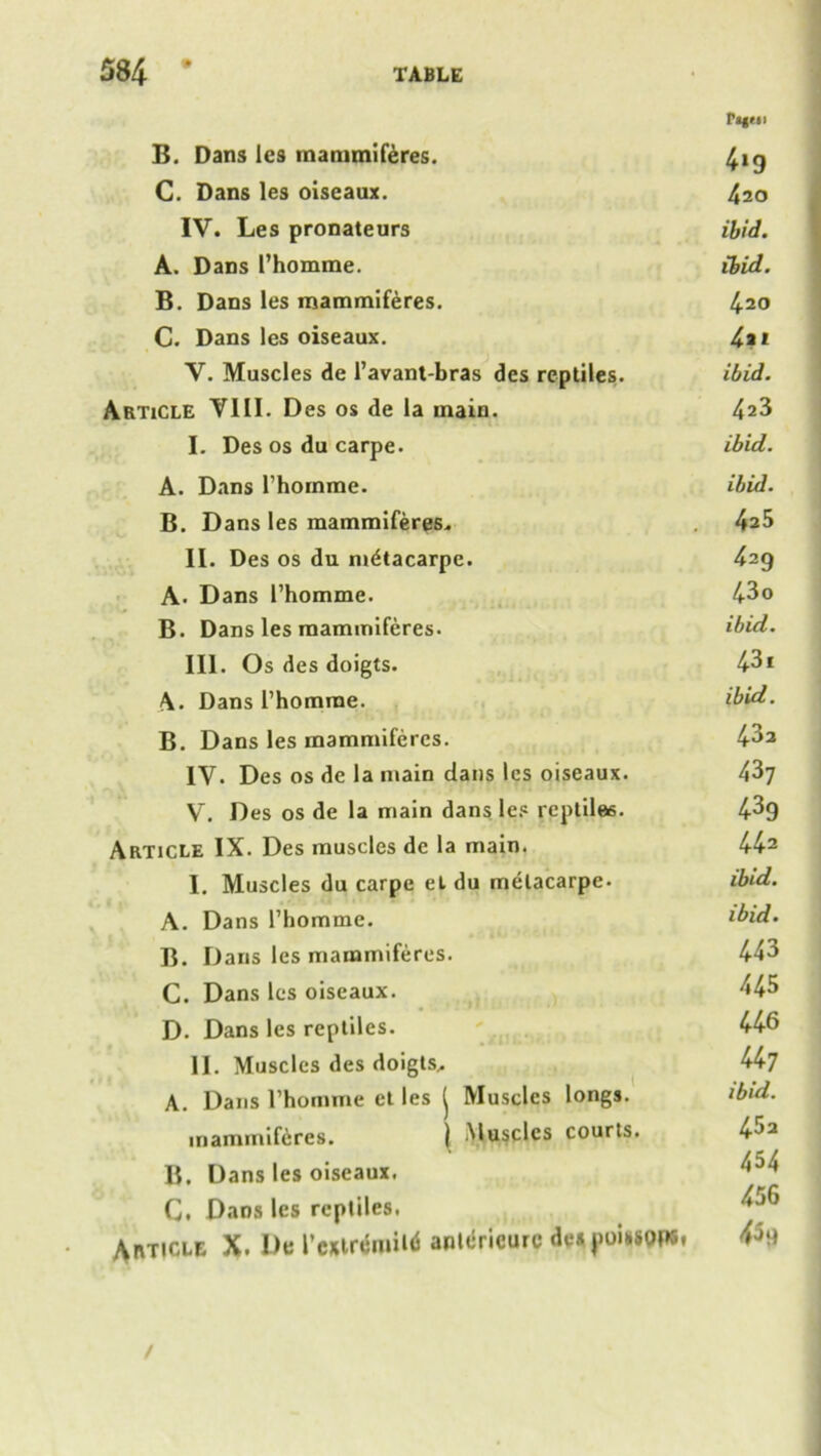 Pigtst B. Dans les mammiferes. 4ig C. Dans les oiseaux. 420 IV. Les pronateurs ibid. A. Dans I’homme. ibid. B. Dans les mammiferes. 42o C. Dans les oiseaux. 4»* V. Muscles de l’avant-bras des reptiles. ibid. Article VIII. Des os de la main. 423 I. Des os du carpe. ibid. A. Dans l’homme. ibid. B. Dans les mammiferes.. 4z5 II. Des os du mdtacarpe. 429 A. Dans l’homme. 43o B. Dans les mammiferes. ibid. III. Os des doigts. 43i \. Dans I’homrae. ibid. B. Dans les mammiferes. 43a IV. Des os de la main dans les oiseaux. 437 V. Des os de la main dans les reptiles. 43g Article IX. Des muscles de la main. 442 I. Muscles du carpe el du melacarpe- ibid. A. Dans l’homme. ibid. B. D ans les mammiferes. 443 C. Dans les oiseaux. 445 D. Dans les reptiles. 446 II. Muscles des doigts.. 447 A. Dans l’homme et les ^ Muscles longs. ibid. mammiferes. ) i\lusclcs courts. 4J2 B. Dans les oiseaux. C. Dans les reptiles. Article X. De PextremiUi antdricurc de* jroUspps. /