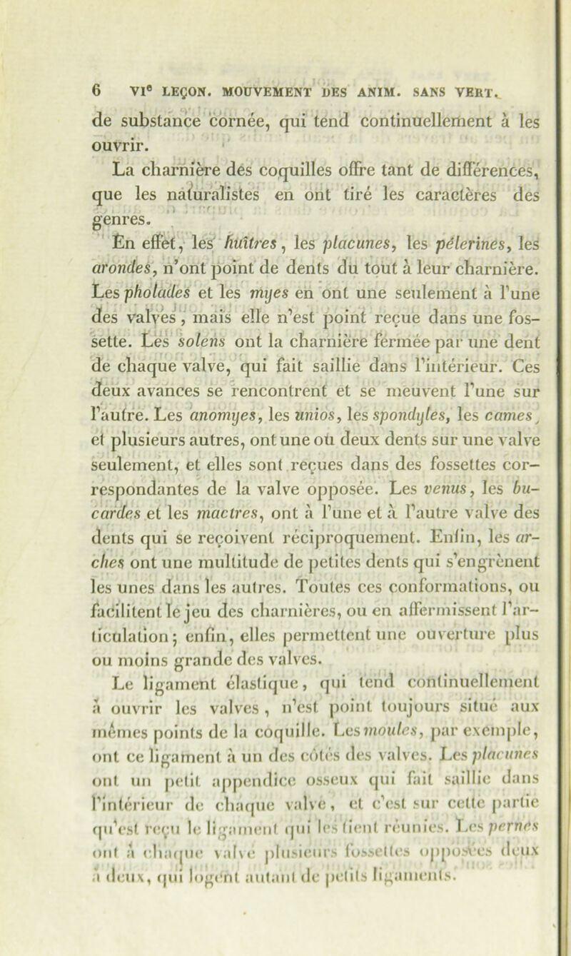 de substance cornee, qui tend continuellertient a les ouvrir. La charniere des coquilles offre tant de differences, que les naluralistes en ont tire les caracteres des genres. Ln effet, les huitres, les placunes, les pdlerines, les arondes, n’ont point de dents du tout a leur charniere. Les pholades et les mijes en ont une seuleraent a Tune des valves, mais elle n’est point recue dans une fos- sette. Les solens ont la charniere fermee par une dent de chaque valve, qui fait saillie dans Finterieur. Ces deux avances se rencontrent et se ineuvent Tune sur Fautfe. Les anormjes, les unios, les spondyles, les comes, et plusieurs autres, ont une oti deux dents sur une valve seulement, et elles sont recues dans des fossettes cor- respondantes de la valve oppogee. Les venus, les bu- carde.s et les mciclres, ont a Tune et a l’autre valve des dents qui se recoivent recij)roqueinent. Enlin, les ar- ches ont une multitude de petites dents qui s’engrenent les unes dans les autres. Tonies ces conformations, ou facililentle jeu des charnieres, ou en alfermissent Far- liculation; enfin, elles permettent une ouverture plus ou moins grande des valves. Le ligament clastique, qui lend continuellement a ouvrir les valves , n’est point toujours situe aux memes points de la coquille. Lcsmoulcs, pare.xcmple, ont ce ligament a un des coles des valves. I.es placunes ont un petit appendice osseux qui fait saillie dans Finterieur de chaque valve, el c’esl sur cetle partie quYst regu le ligament qui les lient reunies. Les pernes out a ch;uiue valve jdusieurs fossettes upposVes deux a deux, cpii log<*nt autanl de pelils ligaments.