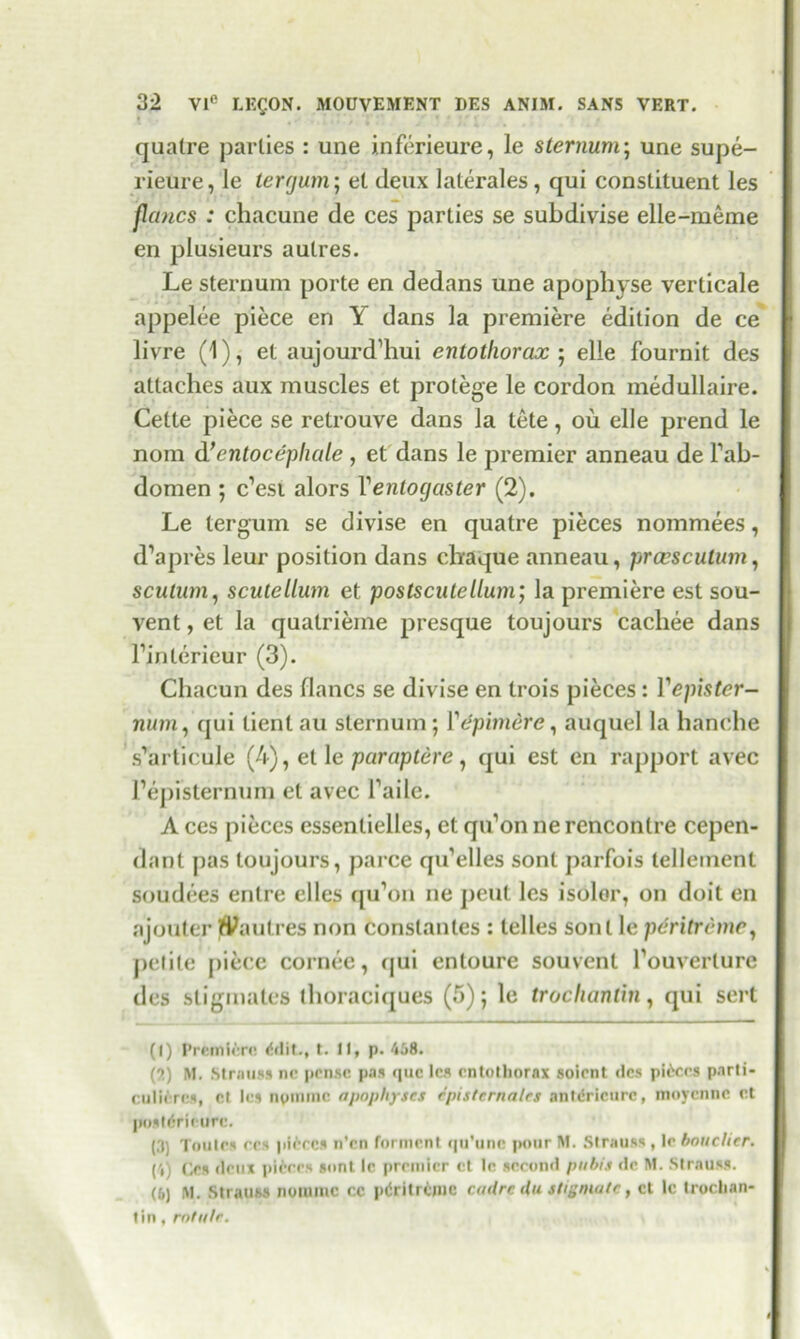 quatre parlies : une inferieure, le sternum; une supe- rieure, le terrjum; et ileux laterales , qui constituent les fanes : chacune de ces parties se subdivise elle-meme en plusieurs autres. Le sternum porte en dedans une apophyse verticale appelee piece en Y dans la premiere edition de ce livre (1), et aujourd’hui entothorax ; elle fournit des attaches aux muscles et protege le cordon medullaire. Cette piece se retrouve dans la tete, ou elle prend le nom d’entocepliale , et dans le premier anneau de l’ab- domen ; e’esi alors Yentogaster (2). Le tergum se divise en quatre pieces nominees, d’apres leur position dans chaque anneau, prcescutum, scutum, scute limn et poslscutellum’, la premiere est sou- vent , et la quatrieme presque toujours cachee dans l’inlerieur (3). Chacun des flancs se divise en trois pieces : Yepistcr- num, qui tienl au sternum; Yepimere, auquel la handle s’articule (4), et le paraptere, qui est en rapport avec J’epislernum et avec Fade. A ces pieces essentielles, et qu’on ne rencontre cepen- dant pas toujours, parce qu’elles sont parfois telleinenl soudees entre elles qu’on ne peut les isolor, on doit en ajouter flJautres non conslanles : telles sont le peritreme, petite piece cornee, qui entoure souvent Fouverlure des stigmates thoraciques (5); le trochanlin, qui sert (I) Premiere t. II, p. 468. (?) M. Strauss nr pense pas (|uc les cntotliorax soient des pikers parli- culicrrs, cl les npmmc apophyses epistcrnales anldricurc, inoyenne et posltfrieurc. (.1) Toulcs res pieces n’en forment qu’unc pour M. Strauss, le handier. ('•) Ces deux pieces sunt le premier et le second pubis de M. Strauss. (6) M. Strauss nomme c.c ptfritrunc cadre du sttgmaic, ct lc troeban- tin, rotate.