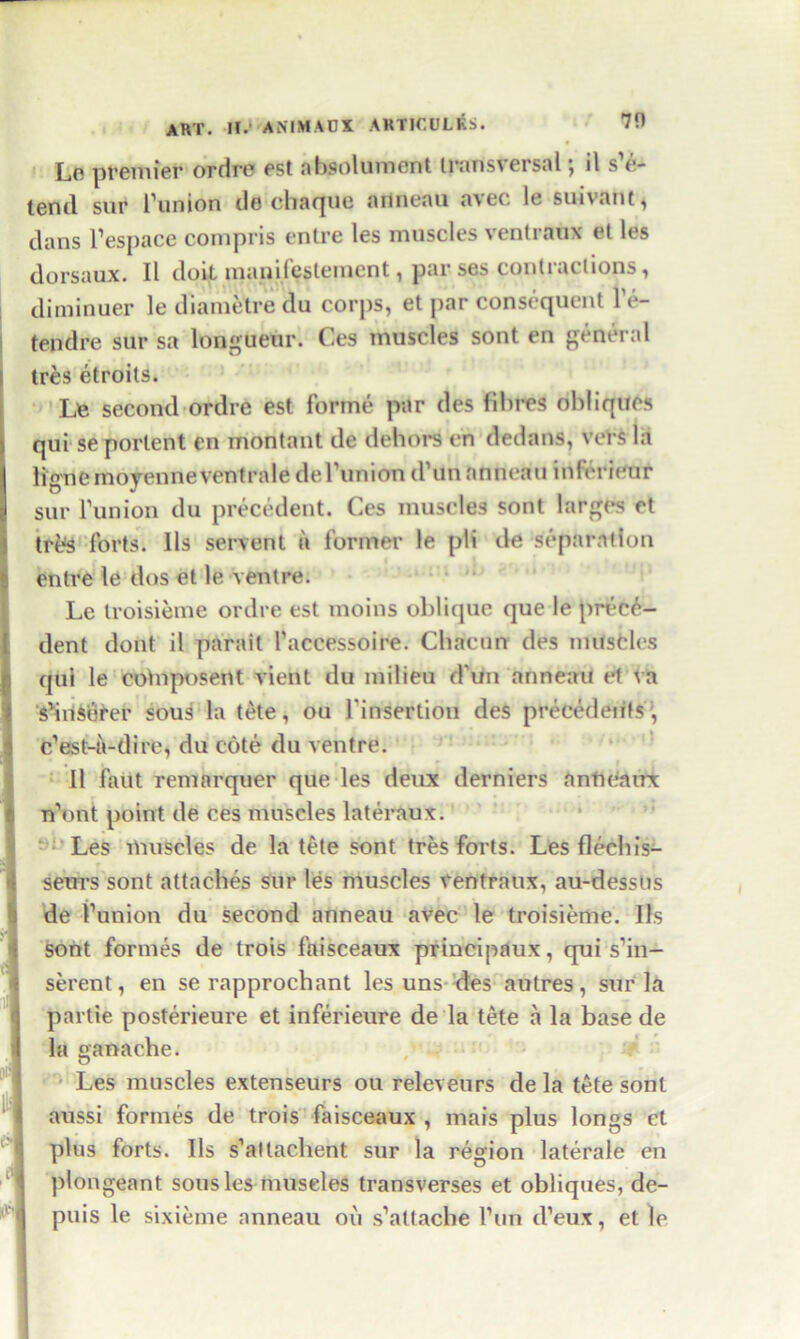 70 Le premier ordre est absolument transversal; il s’e- tentl sur bunion de chaque ailneau avec le suivant, dans l’espace compris entre les muscles ventranx et les dorsaux. II doiL manilestemcnt, par ses contractions, diminuer le diametre du corps, et par consequent l'e- tendre sur sa longueur. Ces muscles sont en general tres etroits. Le second ordre est forme par des fibres obliques qui se portent en montant de dehors en dedans, vers la ligne moyenne ventrale de bunion d’un anneau inferieur sur bunion du precedent. Ces muscles sont larges rt treS forts. 11s servent ii former le pli de separation entre le dos et le, ventre. Le troisieme ordre est moins oblique que le prece- dent dont il parait faccessoire. Cbacun des muscles qui le cotnposent vient du milieu d'un anneau et va s'iiiSofer sous la tete, ou binsertiou des precedents, c’est-a-dire, du cote du ventre. Il faut remarquer que les deux dernrers antieaux n’ont point de ces muscles lateraux. Les muscles de la tete sont tres forts. Lesflechis- seurs sont attaches sur les muscles ventranx, au-dessus de bunion du second anneau avec le troisieme. Ils sont formes de trois faisceaux principaux, qui s’in- serent, en se rapprochant les uns des autres, sur la partie posterieure et inferieure de la tete a la base de la ganache. Les muscles extenseurs ou releveurs de la tete sont aussi formes de trois faisceaux , mais plus longs et plus forts. Ils s’atlachent sur la region laterale en plongeant sous les museles transverses et obliques, de- puis le sixieme anneau ou s’attacbe bun d’eux, et le