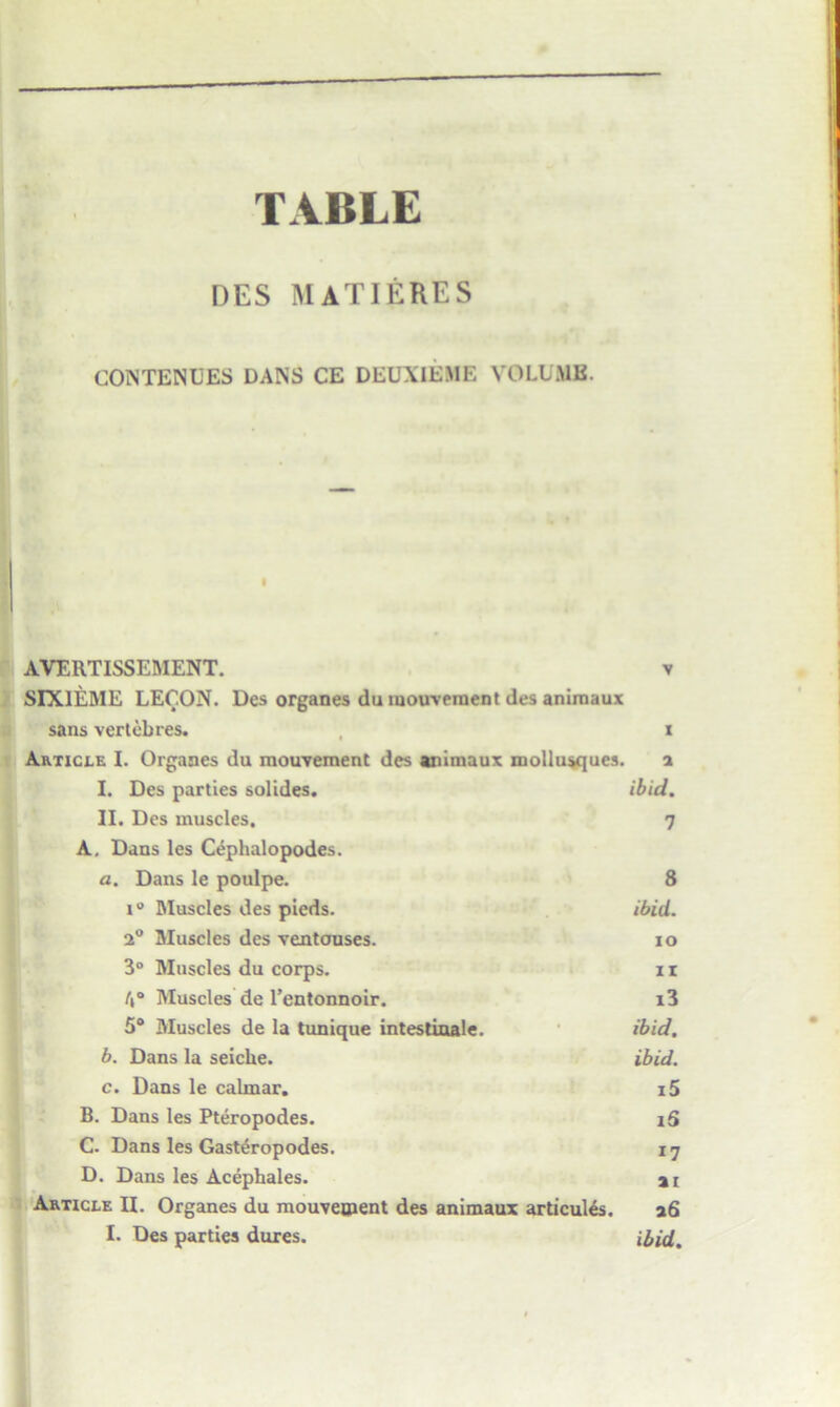 TABLE DES MATIERES COINTENUES DANS CE DEUXIEME VOLUME. I AVERTISSEMENT. v SIX1EME LECON. Des organes du mouveruent des animaux sans vertobres. , i Article I. Organes du mouvement des animaux mollusques. a I. Des parties solides. ibid. II. Des muscles. 7 A. Dans les Cephalopodes. a. Dans le poulpe. 8 i° Muscles des pleds. ibid. 20 Muscles des ventouses. 10 3° Muscles du corps. 11 A° Muscles de l’entonnoir. i3 5° Muscles de la tunique inteslittale. ibid. b. Dans la seiche. ibid. c. Dans le calmar. i5 B. Dans les Pteropodes. i5 C. Dans les Gasteropodes. 17 D. Dans les Acephales. Article II. Organes du mouvement des animaux articules. a6 I. Des parties dures. ibid.