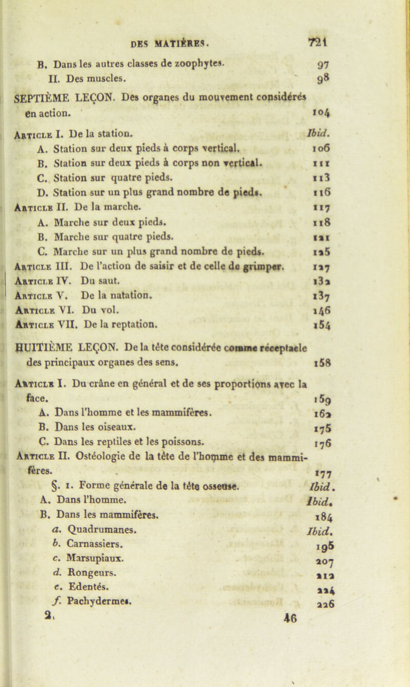 B. Dans les autres classes de zoophytes. 97 II. Des muscles. ' 98 SEPTIEME LECON. Des organes du raouvement consideres enaction. 104 Article I. De la station. Ibid. A. Station sur deux piedsa corps vertical. 106 B. Station sur deux pieds & corps non vertical. 111 C. Station sur quatre pieds. n3 D. Station sur un plus grand nombre de pieds. 116 Article II. De la marche. 117 A. Marche sur deux pieds. 118 B. Marche sur quatre pieds. 111 C. Marche sur un plus grand nombre de pieds. i*5 Article III. De I’actiou de saisir et de celle de grimper. 1x7 Article IV. Du saut, i3a Article V. De la natation. 137 Article VI. Du vol. 146 Article VII. De la reptation. x 54 HUITIEME LEQON. De la t£te consid&^e cotame receptaelc des principaux organes des sens. Article I. Du crine en general et de ses proportions atec la face. A. Dans l’homme et les mammiferes. B. Dans les oiseaux. C. Dans les reptiles et les poissons. Article II. Ost^ologie de la tdte de l’hoqime et des mammi- feres. §. 1. Forme generate de la t£ta ossease. A. Dans l’homme. B. Dans les mammiferes. a. Quadrumanes. b. Carnassiers. c. Marsupiaux. d. Rongeurs. e. Edentes. f. Pachyderme*. 2, 158 159 16a 175 176 *77 Ibid. Ibid. 184 Ibid. 195 407 m »»4 aa6 46