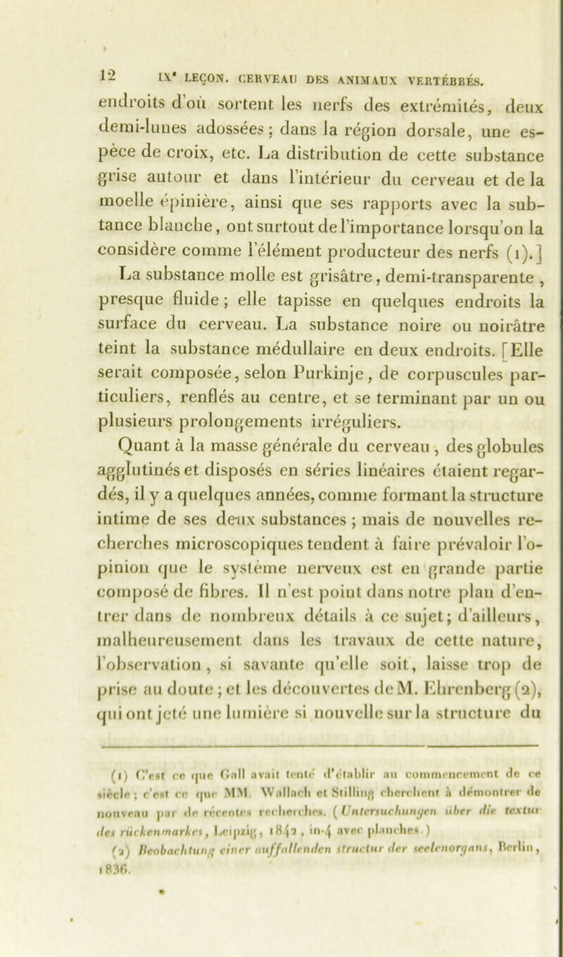 12 IX* LECON. GBBVEAU DES A.NIMAUX VERTF.BBES. endroits d ou sortent les lierfs des extremites, deux demi-luues adossees; dans la region dorsale, une es- pece de croix, etc. La distribution de eette substance grise autour et dans l’interieur du cerveau et de la moelle epiniere, ainsi que ses rapports avec la sub- tance blanche, ontsurtoutdel’importance lorsquon la considere comme lelement producteur des nerfs (1).] La substance molle est grisatre, demi-transparente , presque fluide ; elle tapisse en quelques endroits la surface du cerveau. La substance noire ou noiratre teint la substance medullaire en deux endroits. [Elle serait composee, selon Purkinje, de corpuscules par- ticuliers, renfles au centre, et se terminant par un ou plusieurs prolongements irreguliers. Quant a la masse generate du cerveau , des globules agglutiueset disposes en series lineaires elaient regar- des, il y a quelques annees, comme formant la structure intime de ses deux substances ; mais de nouvelles re- cherches microscopiques tendent a faire prevaloir l’o- pinion (jue le sysleme nerveux est en grande partie compose de fibres. II n est poiut dans notre plan d’en- trer dans de nombreux details a ce sujet; d’ailleurs, malheureusement dans les travaux de cette nature, l observation, si savante qu’elle soit, laisse trop de prise au doute ; et les decouvertes deM. Ehrenberg(a), quiontjcte unelumiere si nouvellesurla structure du (i) C’esl cp que frnll avail tentc d’c'tablir au commencement de ce tiecle ; r'est ce que MM. Wallach et Stilling chcrchent a demontrer de nouveau par de rccente* recherche*. (Untcrsuchunyen liber die textuv den riickenmarkcs, Leipzig, iHf? , in-^ avec planche*.) (■a) Beobachtung ciner nuffnllendcn structur der tcelcnorgans, Berlin, 1836.