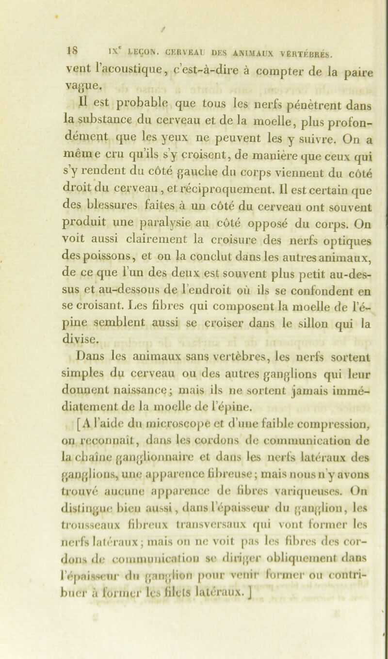 / 18 IX1 LECON. CKRVEAli DES ANIMAUX VEJtTEBKES. vent lacoustique, c’est-a-dire a compter de la paire vague. II est probable que tous les nerfs penetrent dans la substance du cerveau et de la moelle, plus profon- demcnt que les yeux ne peuvent les y suivre. On a rneine cru quils sy croisent, de maniere que ceux qui sy rendent du c6te gauche du corps vienneut du cote droit du cerveau , et reciproquement. 11 est certain que des blessures faites a un cote du cerveau out souvent produit une paralysie au cote oppose du corps. On voit aussi clairenient la croisure des nerfs optiques des poissons, et on la conclut dans les aulresanimaux, de ce que fun des deux est souvent plus petit au-des- sus et au-dessous de lendroit ou ils se confondent en se croisant. Les fibres qui composent la moelle de l’e- pine semblent aussi se croiser dans le sillon qui la divise. Dans les animaux sans vertebres, les nerfs sorteut simples du cerveau ou des autres ganglions qui leur donnent naissance; mais ils ne sortent jamais imnie- diatcment de la moelle de l epiue. [A 1’aide du microscope et d une faihle compression, on recommit, dans les cordons de communication de la cbaine ganglionnaire ct dans les nerfs lateraux des ganglions, une apparence fibreuse; mais nous n y avons trouve aucune apparence de fibres variqueuses. On distingue bien aussi, danslepaisseur du ganglion, les trousseaux fibreux transvcrsaux qui vont former les nerfs lateraux; mais on ne voit pas les fibres des cor- dons de communication se diriger obliquemcnl dans lepaisseur du ganglion pour venir former on contri- bucr a former les filets lateraux. ]