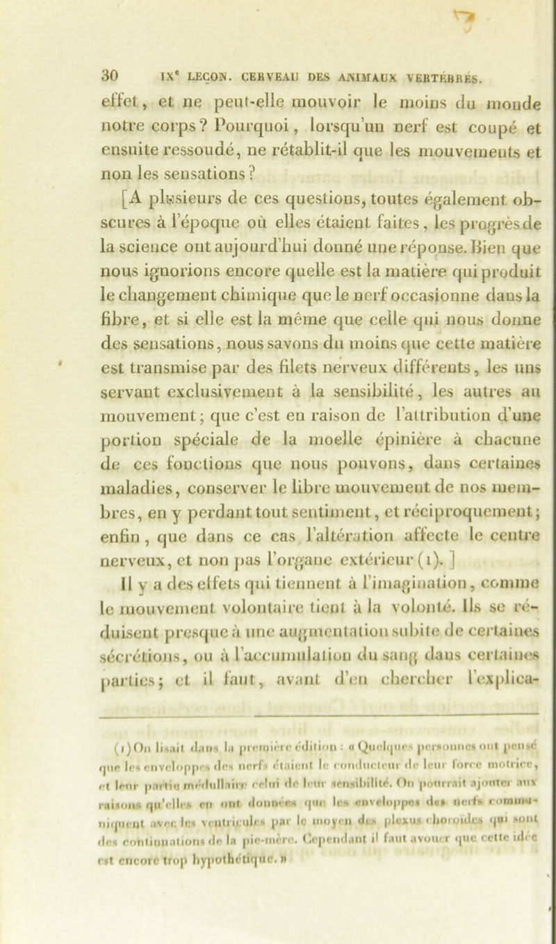 rj 30 IX' LECOiS. CEBVEAU DES AJNlirAUX VEBTKBBES. elfet., et ne peut-elle mouvoir le moms clu monde notre corps? Pourquoi, lorsqu’un nerf est coupe et ensnite ressoude, ne retablit-il que Jes mouvements et non les sensations ? [A plusieurs de ces questions, toutes egalement ob- scures a lepoque oil elles etaieut faites, les progresde la science ontaujourd’hui doune unereponse.Bien que nous ignorions encore quelle est la matiere quiproduit le cbangement chimique que le ncrfoccasionne dans la fibre, et si elle est la meme que ceile qui nous donne des sensations, noussavons du moins que cette matiere est transmise par des filets nerveux different^, les uns servant exclusivemeut a la sensibilite, les autres au mouvement; que c’est en raison de l’attribution d’uue portion speciale de la moelle epiniere a cbacune de ces fouctious que nous pouvons, dans certaiues maladies, conserver le libre mouvemeut de nos mem- bres, en y perdanttout sentiment, et reciproquement; enfin , que dans ce cas, l’alteration affecte le centre nerveux, et non pas l’orgaue exterieur (1). 1 II y a deseffets qui tienneqt a {’imagination, comma le mouvement volontaire lienl a la volonle. Us so re- duisent presque a line augmentation subite de certaiues secretions, ou a baccumulation dusang dans certaiues parties; et il fant, avant d’en chercbcr lexplicu- (I) On lisail dans Ih pimiijirrr edition : «Qpelqur> pcriionnct onl peiise (|iir lc« cnvclopprs ilex ticrfx riaienl l<: conductciii de lour force motrice, rt lour pnrtiu medull.iirr rrlui de Iciir xensibilltl. On pottrruit ajooter mix raiaona qu/ellrs en ont donnre* quo les cnveloppcn d«» ncifa comuiu- nnpicnt wee lex vcnti ii uli■* par lc inoycn |dcxua i lioroidcu qui ilex mniinunlionx de la pic*mere. Oependtiiil d faut avoucr que cetlc id< C rst encore tfop liypotheliquc. n