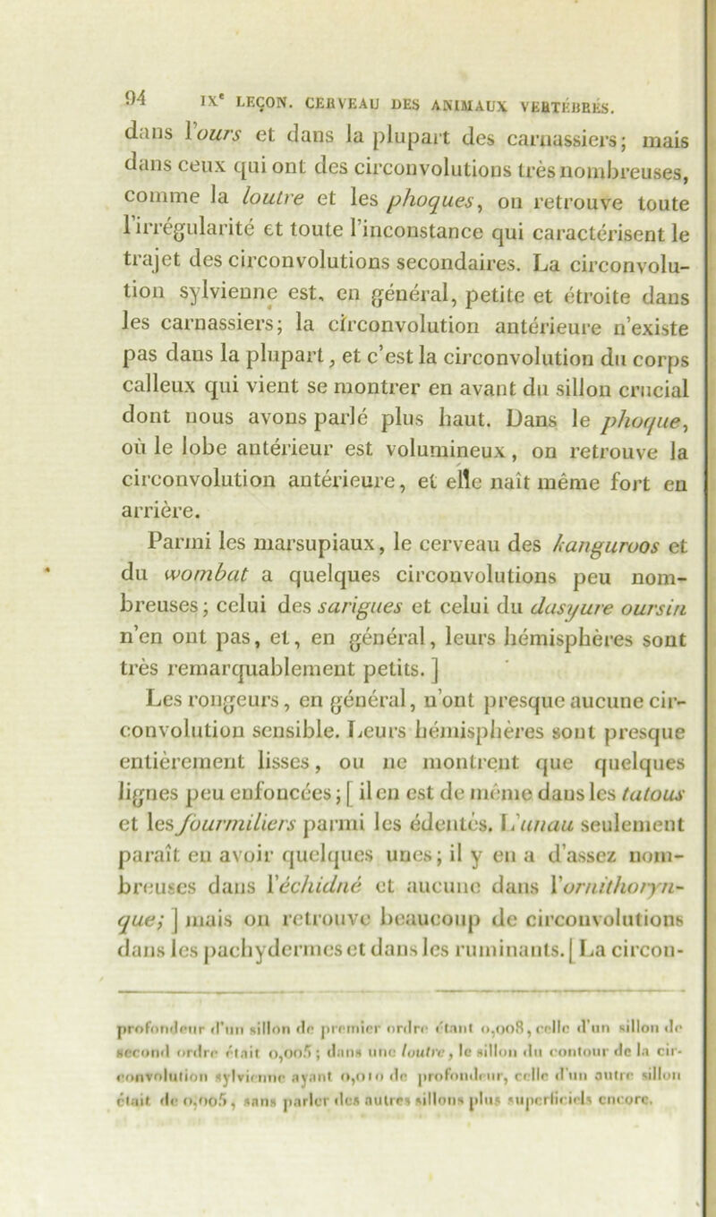 dans 1 uut's et dans la plupart des caruassiers; mais dans ceux qui ont des circonvolutious tresnombreuses, comme la loutre et les phoques, on retrouVe toute 1 irregularite et toute 1 inconstance qui caracterisent le trajct des circonvolutions secondaires. La circonvolu- tion sylvieune est, en general, petite et etroite dans les carnassiers; la circonvolution anterieure n’existe pas dans la plupart, et c’est la circonvolution du corps calleux qui vient se raontrer en avant du sillon crucial dont nous avons parle plus haul. Dans le phoque, ou le lobe anterieur est volumineux, on retrouve la circonvolution anterieure, et elle nait merae fort en arriere. Panni les marsupiaux, le cerveau des languwos et du wombat a quelques circouvolutions peu nom- breuses; celui des sarigues et celui du dasyure oursiu n’en ont pas, et, en general, leurs hemispheres sont tres remarquablemeut petits. ] Les rongeurs, en general, n’ont presque aucune cir- convolution sensible. Leurs hemispheres sont presque entierement lisses, ou ne montrent que quelques lignes peu enfoucees; [ il en est de memo dans les talous et les four milters panni les edentcs. L ttuau seulenient parait en avoir quelques unes; il y en a d’assez nom- hreuses dans Xechidne et aucune dans X ornithoryn- que; j mais on retrouve beaueoup dc circouvolutions dans les pachydermcset dans les ruminants. [ La circon- profondeur d’un sillon do premier ordro rtnnt 0,008, colic d’un sillon do second ordrr omit o,oo.*>; dan* une loutre, Ic sillon du contour de la de- convolution aylvienne avant n,oio do profnndnir, colic d’lin autre sillon cluit dc 0,00/1, sans parlor des nutres sillons plus supcrficiels encore.