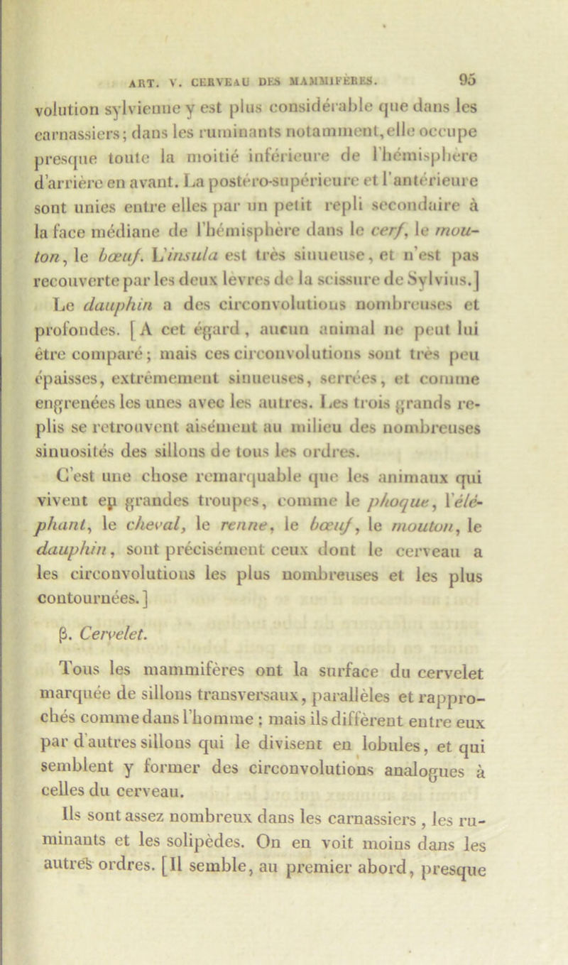 volution sylvienue y est plus considerable que dans les carnassiers; dans les ruminants notammenl,elle occupe presque tonic la moitie inferieure de lbemisphere darriere en avant. La postero-superieure et l’anterieure sont unies entre elles par tin pel it repli secondaire a la face mediane de l bemisphere dans lc cerf, le rnuu- ton, le bceuf. L'insula est tres siuueuse, et n est pas recouverte par les deux levres de la scissure de Sylvius.] Le dauphin a des circonvolutious nontbreuses et profondes. | A cet egard, aucun animal ne peut lui etre compare; rnais ces circonvolutious sout tres peu cpaisses, extremement sinueuses, semes, et comine engreneesles tines avec les autres. Les trois grands re- plis se retrouvent aisdmeut an milieu des nombreuses sinuosites des sillons de tous les ordres. (Test une chose remarquable que les animaux qui vivent ep grandes troupes, comme le p/toque, Xele- phant, le cheval, le rtnne, le boeuj, le nioutun, le dauphin, sont precisement ceux dont le cerveau a les circonvolutious les plus uombreuses et les plus coutouruees. ] p. Cerve/et. Tous les mammiferes ont la surface du cervelet marquee de sillons transversaux, paralleles et rappro- ches comme dans l bomine ; mais ils different entre eux par dautres sillons qui le divisent en lobules, et qui semblent y former des circonvolutions analogues a celles du cerveau. Ils sont assez nontbreux dans les carnassiers , les ru- minants et les solipedes. On en voit moins dans les autr^fc ordres. [Il semble, au premier abord, presque