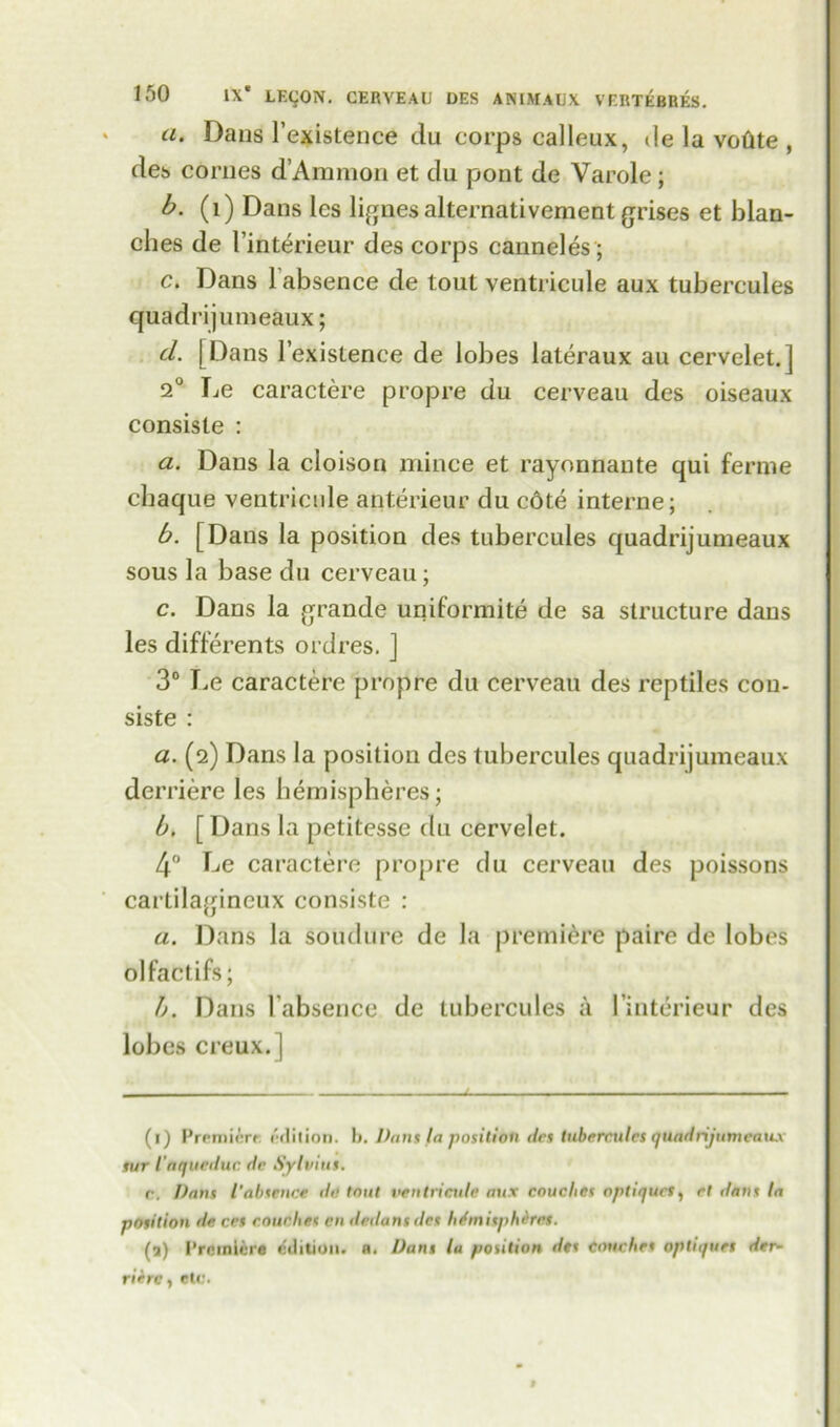 a. Dans l’existence du corps calleux, de la voflte , des conies d’Ammon et du pont de Varole ; b. (1) Dans les lignes alternativement grises et blan- ches de l’interieur des corps canneles; c. Dans labsence de tout ventricule aux tubereules quadrijumeaux; cl. [Dans l’existence de lobes lateraux au cervelet.] 2° Ije caractere propre du cerveau des oiseaux consiste : a. Dans la cloison mince et rayonnante qui ferine cbaque ventricule anterieur du cdte interne; b. [Dans la position des tubereules quadrijumeaux sous la base du cerveau; c. Dans la grande uniformite de sa structure dans les differents ordres. ] 3° Le caractere propre du cerveau des reptiles cou- siste : a. (2) Dans la position des tubereules quadrijumeaux derriere les hemispheres; b. [ Dans la petitesse du cervelet. 4° he caractere propre du cerveau des poissons cartilagincux consiste : a. Dans la soudure de la premiere paire de lobes olfactifs; b. Dans labsence de tubereules a I’interieur des lobes creux.j - —. u. , . . . — ■ — (1) Premiere edition, b. Pans la position des tubereules quadrijumeaux sur I’aqueduc dr Sylvius. r. Print l'abtenet ile tout ventricule aux couches optiquet, rt dans la position de ecs couches cn dedans des hemispheres. (a) Premiere edition, h. Vans la position des couches opti</uet der- rierc, etc.