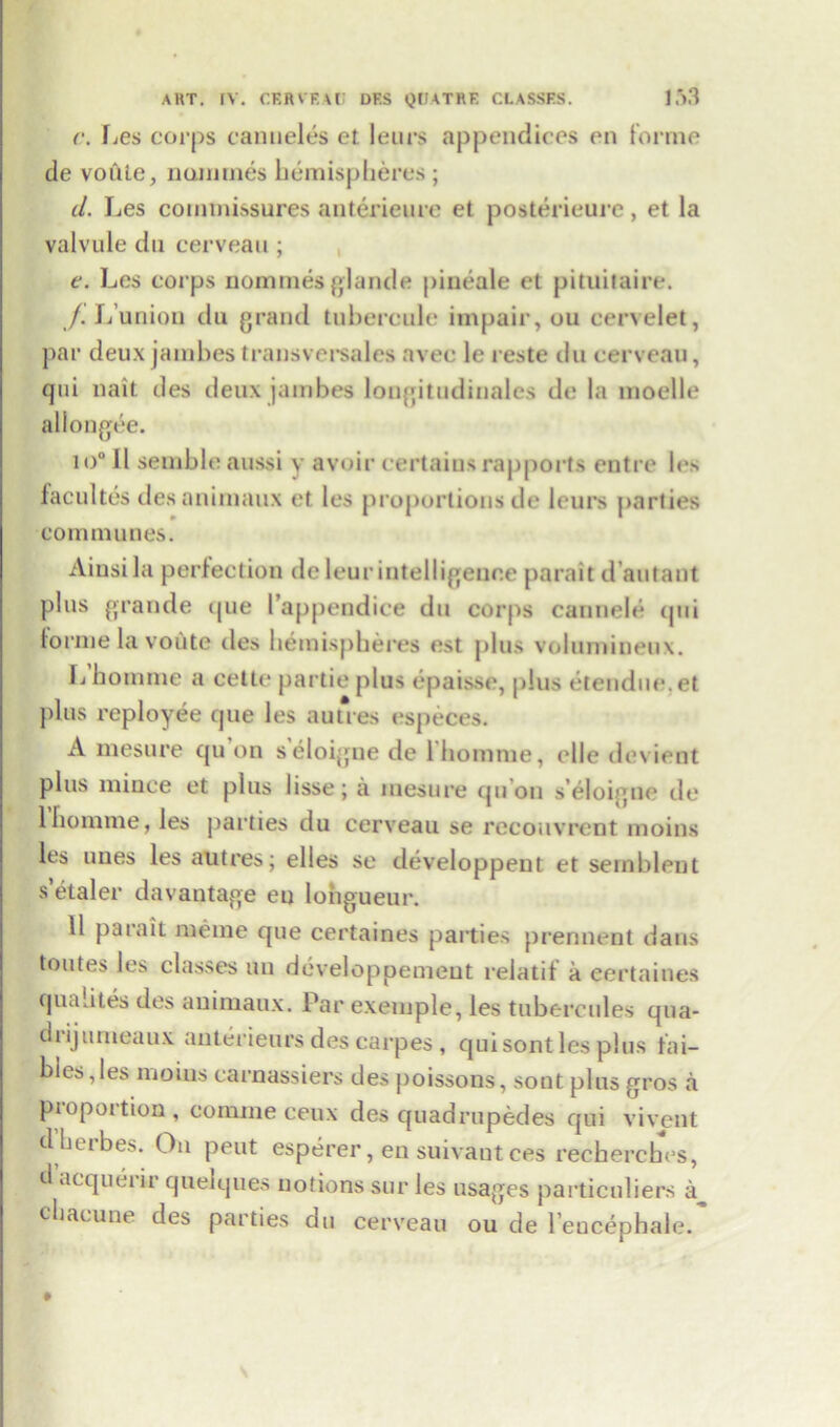r. Les corps canueles et leurs appendices en forme de voiite, nummes hemispheres ; d. Les commissures anterieure et posterieure, et la valvule du cerveau; e. Les corps nommes glande pineale et pituitaire. /. L union du grand tubercule impair, ou cervelet, par deux jamhes transversales avec le reste du cerveau, qui nait des deux jambes longitudiualcs de la inoelle allongee. io° II sembleaussi y avoir certains rapports entre les facultes desaniraaux et les proportions de leurs parties communes. Ainsila perfection de leur intelligence parait dautant plus grande que 1 appendice du corps cannelc qui forme la voute des hemispheres est plus volumineux. Lhoinme a cette partieplus epaisse, plus ctendue.et plus reployee que les autres especes. A mesure qu'on seloigue de l'homme, elle devient plus mince et plus lisse; a mesure qu'on s’eloigne de lhomme, les parties du cerveau se recouvrent moins les ones les autres; el les se developpeut et semblent s’etaler davantage en longueur. 11 parait meme que certaines parties prennent dans toutes les classes un developpemeut relatif a certaines qindites des animaux. Par exemple, les tubercules qua- di ijumeaux anterieurs des carpes , quisont les plus fai- bles,les moins carnassiers des poissons, sout plus gros a piopoition , coniine ceux des quadrupedes qui vivent d’herbes. On peut esperer, en suivaut ces recherches, d acquerir quelques notions sur les usages particuliers a cliacune des parties du cerveau ou de l’eucephale. • \