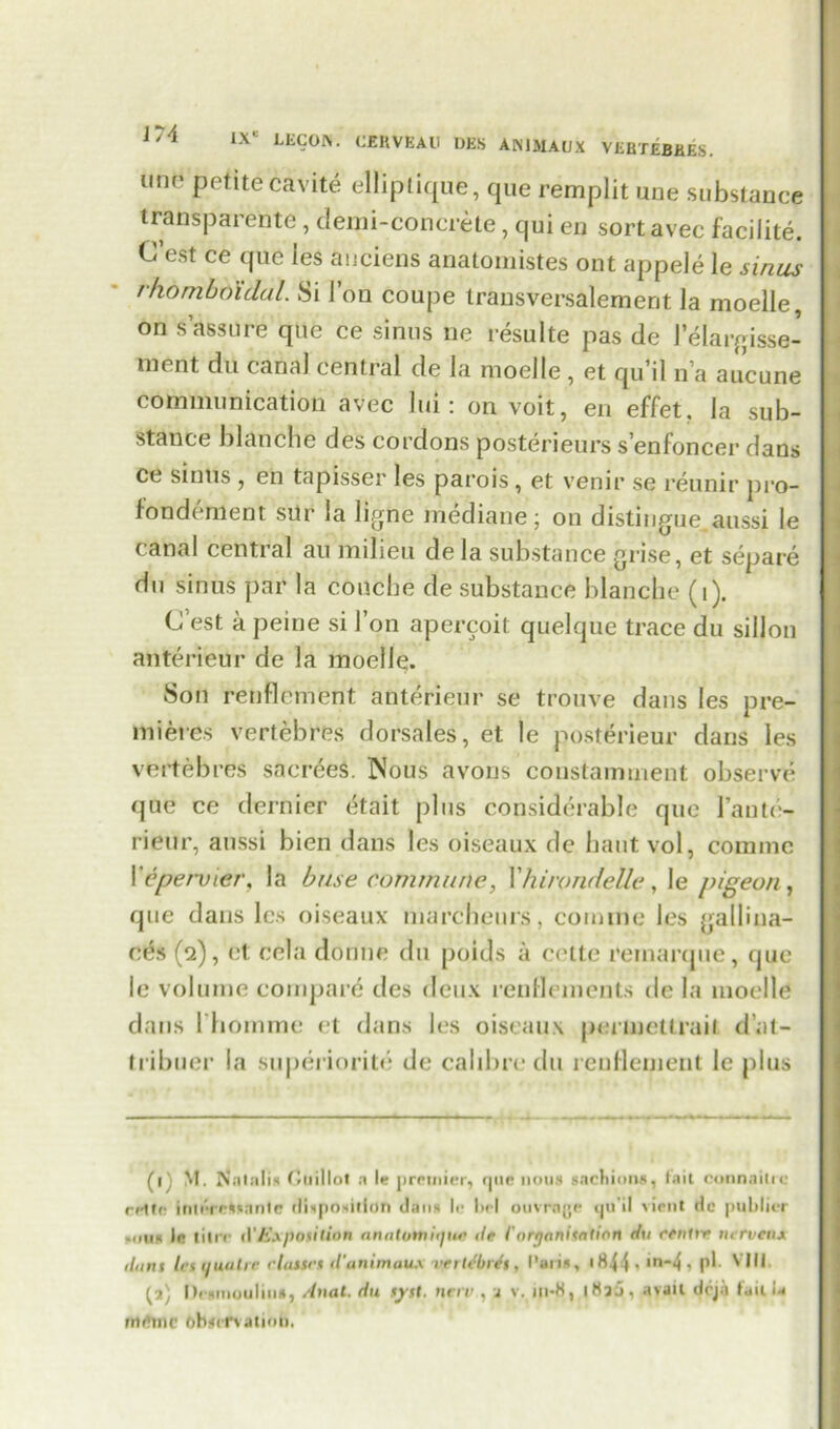 lino petite cavite elliptique, que remplit une substance transparente, deipi-concrete, qui en sort avec facilite. Cest ce que ies auciens anatomistes out appele le sinus r/iomboidal. Si I’on coupe transversalement la moelle, on sassure que ce sinus ue resuite pas de lelargisse- ment du canal central de la moelle , et qu il n a aucune communication avec lui: on voit, en effet. la sub- stance blanche des cordons posterieurs s’enfoncer dans ce sinus , en tapisser les parois, et venir se reunir pro- fondement sitr la ligne mediane; on distingue,aussi le canal central au milieu dela substance grise, et separe du sinus par la coucbe de substance blanche (1). C est a peine si I’on apercoit quelque trace du sillon anterieur de la moelle. Son renflement anterieur se trouve dans les pre- mieres vertebres dorsales, et le posterieur dans les vertebres sacrees. Nous avons constamment observe que ce dernier etait plus considerable que I’aute- rieur, aussi bien dans les oiseaux de baut vol, commc Yepervier, la base commune, Yhirondelle, le pigeon, que dans les oiseaux marcheurs, commc les gallina- ces (2), ct eela donne du poids a cette remarque, que le volume compare des deux renllements de la moelle dans rhomme et dans les oiseaux permettrail d’at- tribuer la superiorite de calibre clu renflement le plus (1) M. Natalis C111 il lot a le premier, que nous sachinns, fail connailic n-tfo interetoanle disposition dans le l>el ouvrage tju'il vient de publier .mm le litre d'/s.vpowfion analowirjue <le I'ortjani'ntion at 1 renttr nervea.* ilnni la 1 junite clauri d'animau.\ vrrtSrJi, Puri*, 1844 . m-4 . pi VIII, (2) Desmoulins, /Inal, du tytX. nerv , 1 v. 111-S, iMjj, avail deja faille rnrltnc observation.