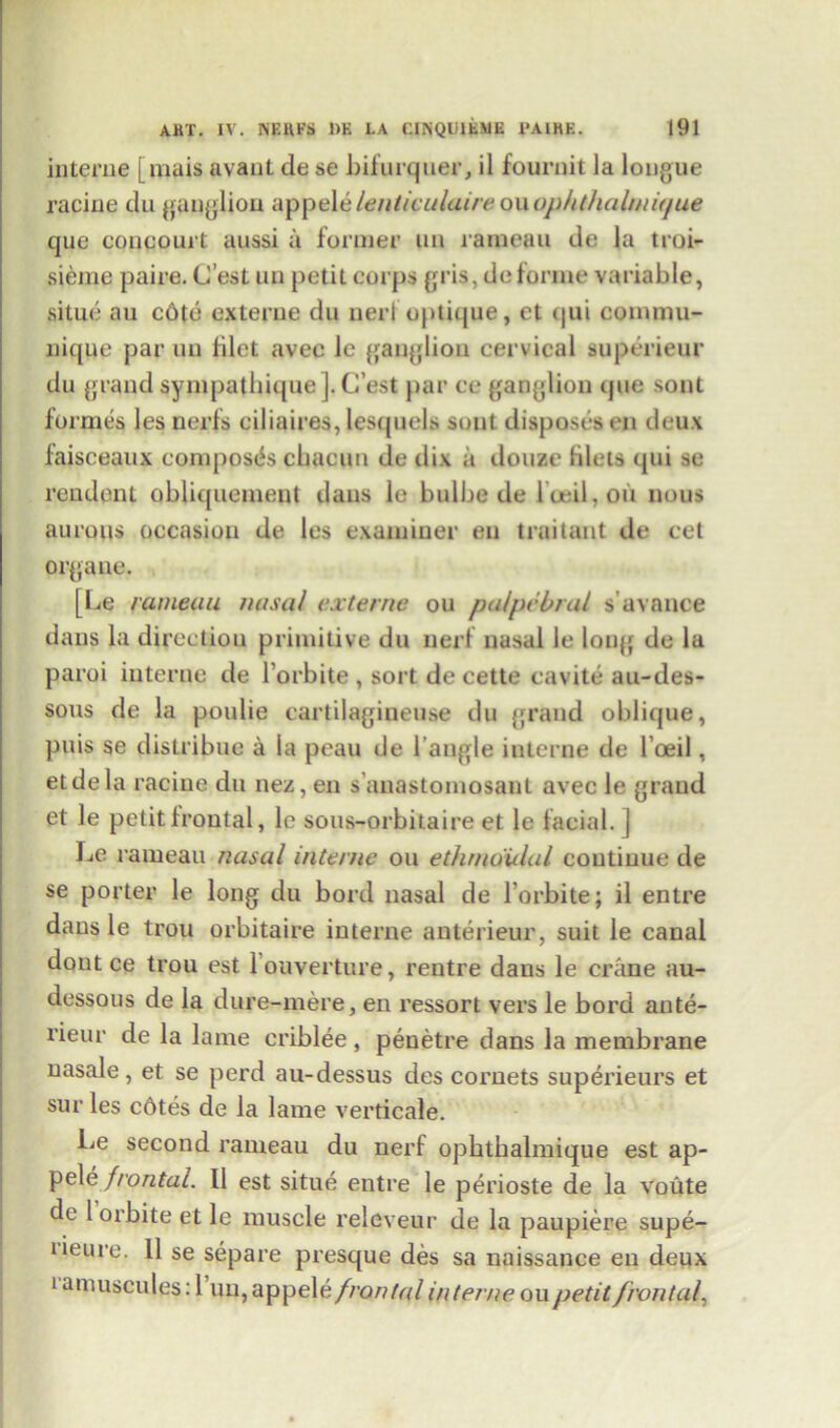 interne [mais avant de se bifurquer, il fournit la longue racine du ganglion a p p el e /enticulaire ou ophthahna/ue que coneourt aussi a former un raraean de la troi- sieme paire. C’est un petit corps gris, de forme variable, situe au c6te exterue du nerl optique, et qui commu- nique par un diet avec le ganglion cervical auperieur du grand sympathique j. C’est par ce ganglion que sont formes les nerfs ciliaires, lesquels sont disposes en deux faisceaux composes cbacun de dix a douze filets qui se pendent obliquemeut dans le bulbe de l ueil, oil nous aurous occasion de les examiner en traitant de cet orgaue. [Le ratneuu nasal cxterne ou palpebral s avance dans la direction primitive du nerf nasal le long de la paroi interne de l orbite , sort de cette cavite au-des- sous de la poulie eartilagineuse du grand oblique, puis se distribue a la peau de l’angle interne de l’oeil, etdela racine du nez, en s anastomosanL avec le grand et le petit frontal, le sous-orbitaire et le facial. ] Le rameau nasal interne ou ethmoidal continue de se porter le long du bord nasal de Lorbite; il entre dans le trou orbitaire interne anterieur, suit le canal dont ce trou est l’ouverture, rentre dans le crane au- dessous de la dure-mere, en ressort vers le bord ante- rieur de la lame eriblee, peuetre dans la membrane nasale, et se perd au-dessus des cornets superieurs et sur les cdtes de la lame verticale. l^e second ranieau du nerf opbtbalmique est ap- pele frontal. Il est situe entre le perioste de la voute de l orbite et le muscle releveur de la paupiere supe- rieure. 11 se separe presque des sa naissance en deux i amuscules: 1 un, appele frontal interne ou petit frontal,