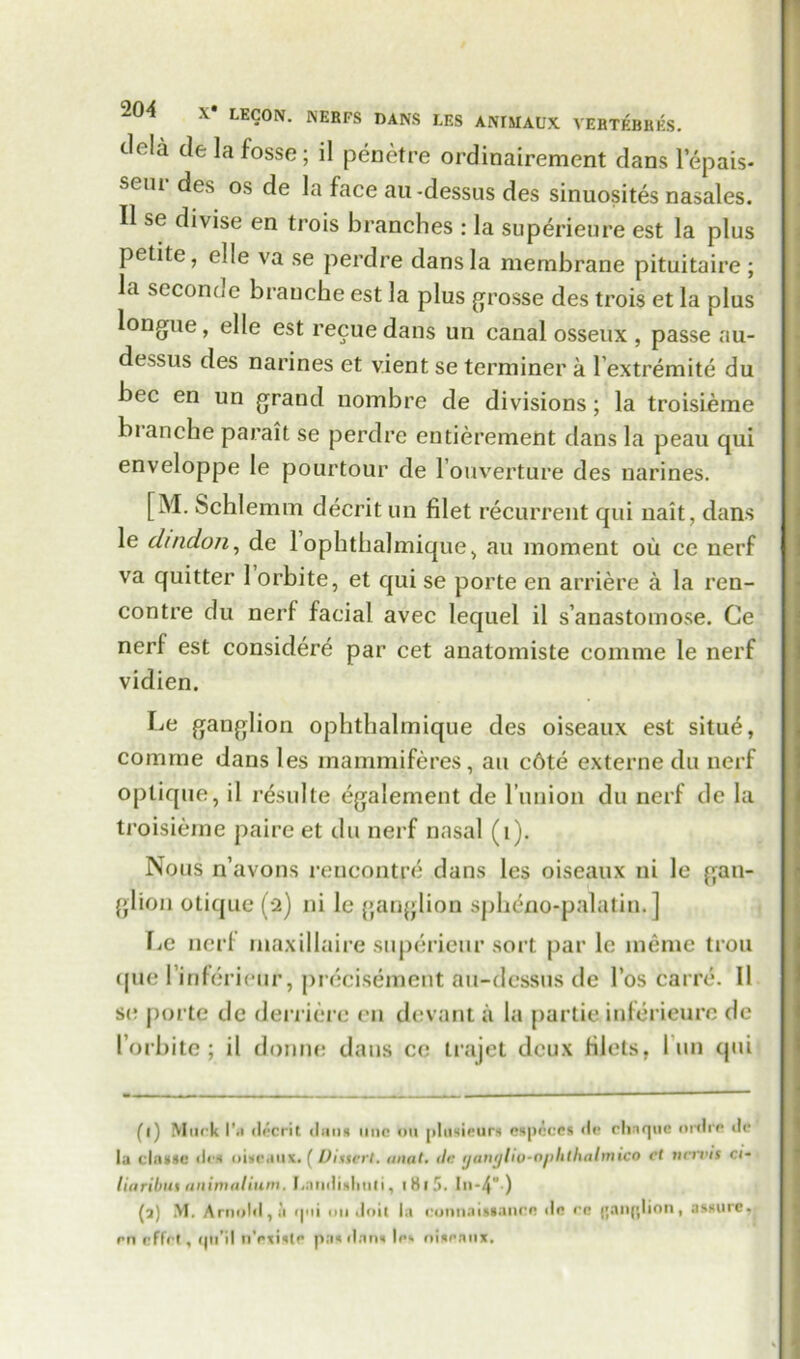 tlola de la fosse; il penetre ordinairement dans lepais- seur ^es os au-dessus des sinuosites nasales. II se di vise en trois branches : la superieure est la plus petite, elle va se perdre dans la membrane pituitaire ; la seconde branche est la plus grosse des trois et la plus longue, elle est recue dans un canal osseux , passe au- dessus des narines et vient se terminer a l’extremite du bee en un grand nombre de divisions; la troisieme bianche parait se perdre entierement dans la peau qui enveloppe le pourtour de l’ouverture des narines. [M. Schlemm decrit un filet recurrent qui nait, dans le dindon, de 1 ophthalmique, au moment ou ce nerf va quitter 1 orbite, et qui se porte en arriere a la ren- contre du nerf facial avec lequel il s’anastomose. Ce nerf est considere par cet anatomiste comme le nerf vidien. Le ganglion ophthalmique des oiseaux est situe, comme dans les mammiferes, au c6te externe du nerf oplique, il resulte egalement de 1’union du nerf de la troisieme paire et du nerf nasal (t). Nous n’avons rencontre dans les oiseaux ni le gan- glion otique (2) ni le ganglion sphdno-palatin.] Le nerf maxillaire superieur sort par le meme trou que l inferieur, precisement au-dessus de 1’os carre. Il se porte de derrierc on devant a la partie inferieure de I’orbite ; il dorme dans ce trajet deux filets, 1 un cjui (1) Murk I'.i decrit duns line ou plusieurs espcccs de ehaque ordre de lu clause drs oiseaux. ( Dissert, mint, dr gant)lio-o/>litluilmico cl nervis ci- liaribui animalium. I.nudisliuti, i8i5. In-4*-) (a) M. Arnold, a qui on doit la rounaissanre de re (jaiqjlion, assure, en rffrl, qinl n'existe pas dans les oiseaux.