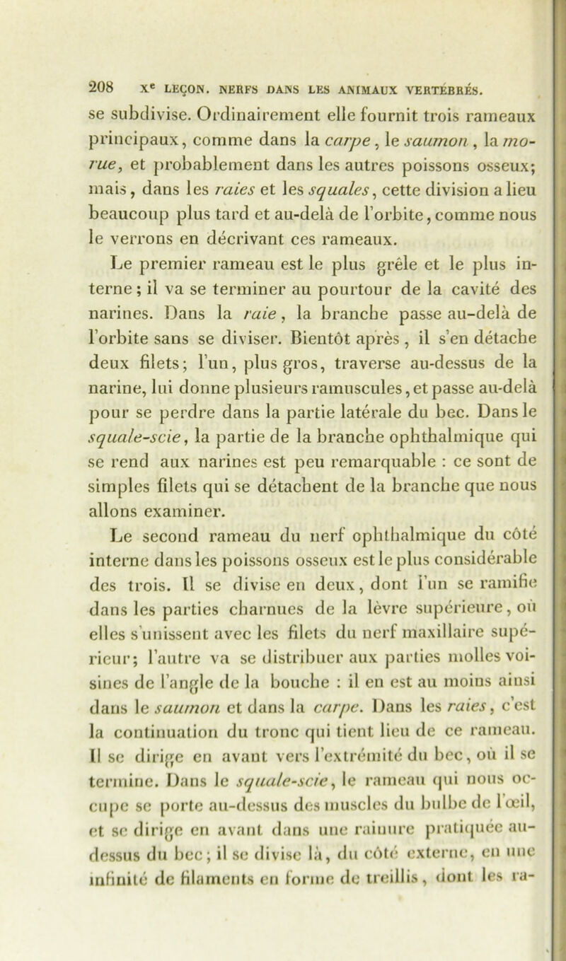 se subdivise. Orclinairement elle fournit trois rameaux principaux, comme dans la carpe, le saumon , la mo- rue, et probablement dans les autres poissons osseux; mais, dans les rates et les squales, cette division a lieu beaucoup plus tard et au-dela de l’orbite, comme nous le verrons en decrivant ces rameaux. Le premier rameau est le plus grele et le plus in- terne; il va se terminer au pourtour de la cavite des narines. Dans la raie, la branche passe au-dela de l’orbite sans se diviser. Bientot apres , il s’cn detache deux filets; lun, plus gros, traverse au-dessus de la narine, lui donne plusieursramuscules,et passe au-dela pour se perdre dans la partie laterale du bee. Dansle squale-scie, la partie de la branche ophthalmique qui se rend aux narines est peu remarquable : ce sont de simples filets qui se detacbent de la branche que nous allons examiner. Le second rameau du nerf ophthalmique du cote interne dans les poissons osseux est le plus considerable des trois. Il se divise en deux,dont Fun se ramifie dans les parties charnues de la levre superieure, ou elles sunissent avec les filets du nerf maxillaire supe- ricur; l’autre va se distribucr aux parties molles voi- sines de Tangle de la bouche : il en est au moius ainsi dans le saumon et dans la carpe. Dans les rates, cost la continuation du tronc qui tient lieu de ce rameau. II se dirige en avaut vers l extremite du bee, oil il se termine. Dans le squale-scie, le rameau qui nous oc- cupc sc porte au-dessus des muscles du bulbe de loeil, et sc dirige en avaut dans une raiuure pratiquee au- dessus du bee; il se divise la, du c6tc externc, en une infinite de filaments en forme de trcillis, dont les ra-