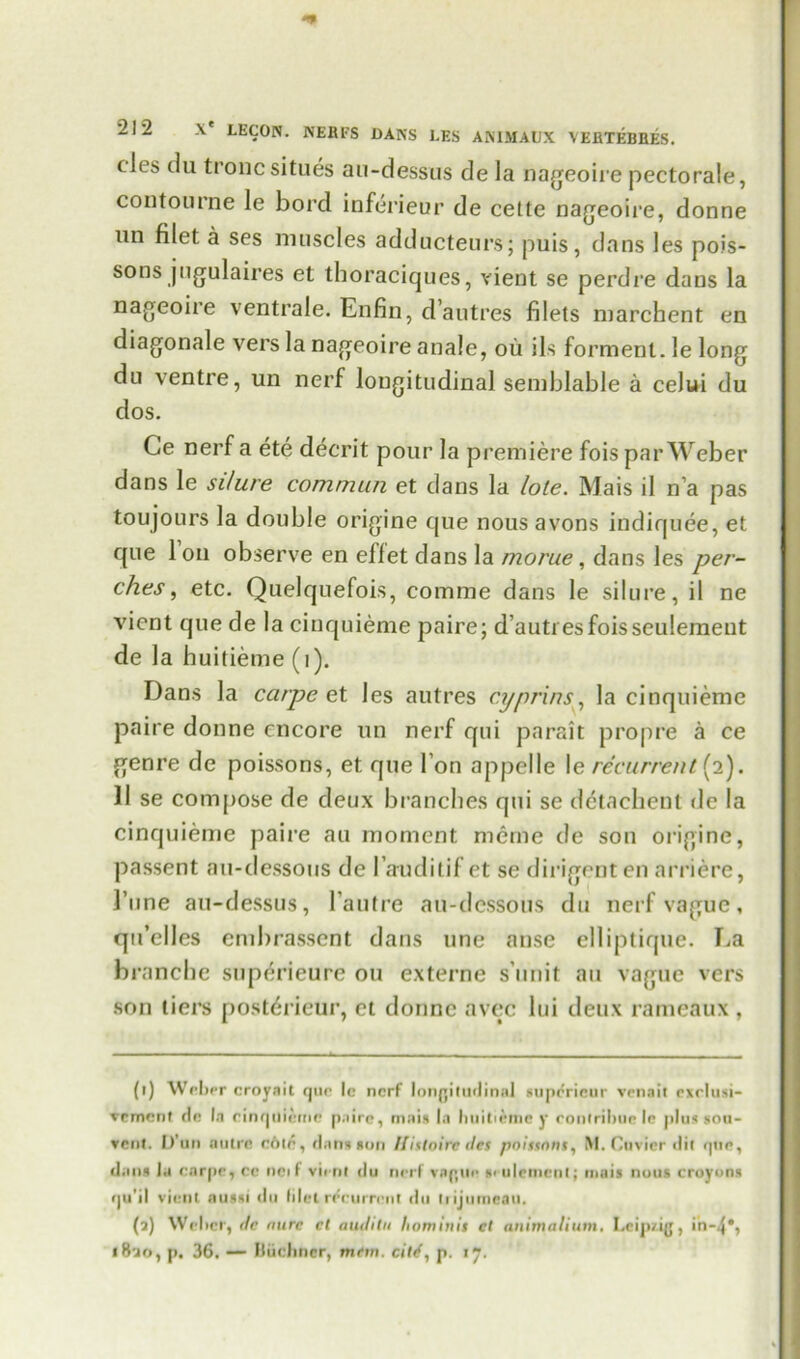 cics tlu tronc situes au-dessus de la nageoire pectorale, contourne le bord inferieur de cette nageoire, donne un filet a ses muscles adducteurs; puis, dans les pois- sons jugulaires et thoraciques, vient se perdre dans la nageoire ventrale. Enfin, d’autres filets marchent en diagonale vers la nageoire anale, ou iIs forment. le long du ventre, un nerf longitudinal semblable a celui du dos. Ge nerf a ete decrit pour la premiere fois par Weber dans le silure commun et dans la lote. Mais il n’a pas toujours la double origine que nousavons indiquee, et que 1 on observe en effet dans la morue, dans les per- ches, etc. Quelquefois, comme dans le silure, il ne vient que de la cinquieme paire; d’auti esfoisseulement de la huitieme (1). Dans la carpe et les autres cyprins, la cinquieme paire donne encore un nerf qui parait propre a ce genre de poissons, et que I on appelle le recurrent (2). II se compose de deux branches qui se dctachent de la cinquieme paire an moment merne de son origine, passent au-dessous de l auditif et se dirigenten arriere, lime au-dessus, l autre au-dessous du nerf vague, qu’clles embrassent dans line anse elliptique. Ea branche superieure ou externe s’unit au vague vers son tiers post^rieur, et donne avec lui deux rameaux , (r) Wcber croyait quo le nerf longitudinal superieur venait cxclusi- vement de la cinquieme p.iire, mais In huitiime y coniril)iielc plug sou- rent. D’un autre cole, dans ton lllslnirc tics poissont, M. Cuvier dit que, dnn* In enrpe, ce nci f vient du nerf vague s- ulemcnl; mais nous croyons qu’il vient nussi du lilet recurrent du trijumeau. (a) Wchcr, tie nurc cl autliht horniins cl animalium, Leipzig, in-.p, 1800, p. 36. — Buchner, mrtn. ciltf, p. tj.