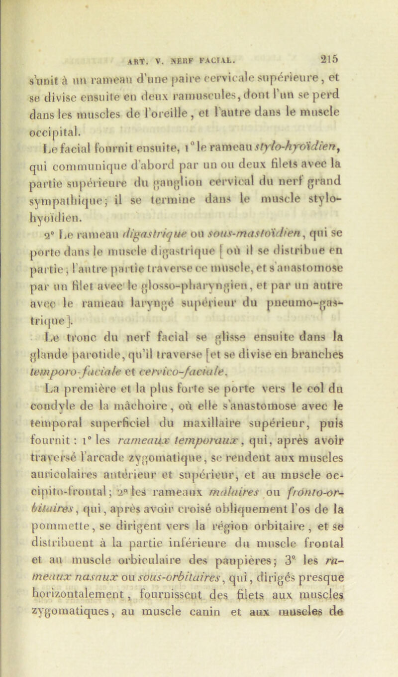 sunit a un rameau d’une pa ire cervicalesuperieure, et se divise ensuite en deux raniuscules,dont I un se perd dans les muscles de I'oreitle, et l autre dans le muscle occipital. Le facial fonrnit ensuite, t°le rameau styto-hytiidien, qui communique d’abord par un on deux Hlets avec la partie sup£rieure du ganglion cervical du nerl grand sympnthique; il se term me dans le muscle stylo- hyoidien. 2° Le rameau (figastrkjue oil sous-masloiriien, qui se porto dans le muscle digastrique [ on il se distribuft en partie, I’autre partie traverse ce muscle, et s anastomose par un Hlet avec le glosso-pharyngien, et par un autre avec le rameau laryng^ superieur du pneumo-gas- trique], Le tronc du nerf facial se glisse ensuite dans la glande parotide, qn’il traverse [et se divise en branches lempot'o-faciah et cervico-Jackite. La premiere et la plus forte se porte vers le col du condyle de la maehoire, ou el le s anastomose avec le temporal superficiel du maxillaire superieur, puis fonrnit: i° les rameaux tempomux, qui, apres avoir traverse l’arcade zygomatique, se Pendent aux muscles auriculaires anterieur et superieur, et au muscle oc- cipito-lrontal; 2° les rameaux multures ou fronto-or- bifaires, qui, apres avoir croise obliquement l os de la pommette, se dil igent vers la region orbitaire , et se distribuent a la partie inferieure du muscle frontal et au muscle orbieulaire des paupieres; 3° les ra- meaux nasaux ou sous-orbilaires, qui, diriges presque ho rizontalement, fournisseut des filets aux muscles zygomatiques, au muscle canin et aux muscles de