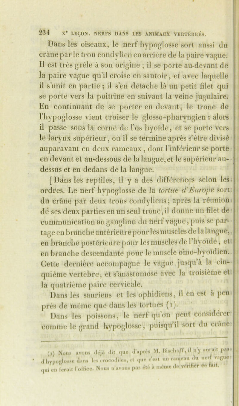 Dans les oiseaux, le nerf hypoglosse sort aussi da crane par le trou condylien en arriere de la paire vague. II est ti es grele a son origine ; il se porte au-devant de la paire vague qu’il eroise en sautoir, et avec laquelle il s’unit en partie ; il sen detache la un petit filet qui se porte vers la poitrine en suivant la veine jugulaire. En continuant de se porter en devant, le tronc de I’hypoglosse vient croiser le glosso-pharyngien : alors il passe sous la corne de l’os byoi'de, et se porte vers le larynx superieur, oil il se termine apres s’etre divise auparavant en deux rameaux, dont l’inferleur se porte en devant et au-dessous de la langue,et le superieur au- dessus et en dedans de la langue. [Dans les reptiles, il y a des differences selon les ordres. Le nerf hypoglosse de la tortile dEurope sort du crane par deux trous condyliens; apres la reunion, de ses deux parties en un seal tronc, il donne un filet de communication an ganglion du iierf vague, puis se par- tage en branche anterieure pour les muscles de la langue, en branehe posterieure pour les muscles de 1 liyoide, et en branehe descendante pour le muscle omo-hyoldien. Cette derniere accompagne le vague , jusqu a la cin- quieme vertebre, et s’auastoniose avec la troisiCmeeti la quatriemc paire cervicale. Dans les snuriens et les ophidiens, il en est a pen pres de menu; que dans les tortues (1). Dans les poissons, le nerf qu’on pent considerer cormne le grand Lyp°gh>ssc, pnisqu’il sort du crank (,) Nous avons ,l,=ja dit .,uc d’aprc* M. ni.cho/T, il n’y ««rai. pas .rhypofiLssn dan. I. h rrocod'.les,. t que c’ert hi, ranpudu <>crF vague ,,ui en ferail I’office. Nou. n’avoiia pas 6l6 a niAme dn v^rlh^r tr. «>«■