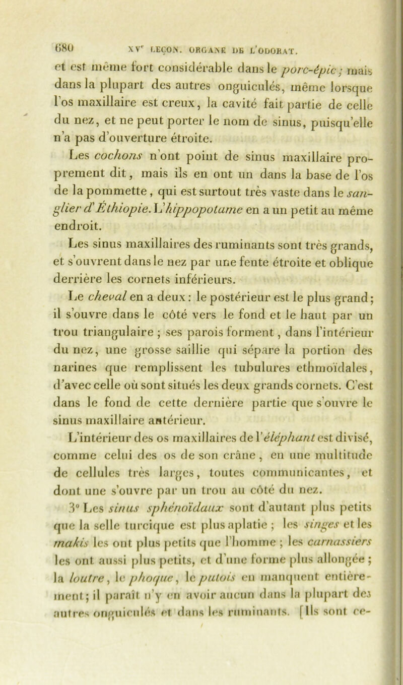 ct est nieme fort considerable dansle porc-dpic; rnais dans la plupart des autres onguicules, ineme lorsque l’os maxillaire est creux, la cavite fait partie de celle du nez, et ne peut porter le nora de sinus, puisqu’elle n’a pas d’ouverture etroite. Les cochons n’ont point de sinus maxillaire pro- prement dit, mais ils en out un dans la base de 1’os de la pommette , qui estsurtout tres vaste dans le san- glier dEthiopie.Vhippopotame en a un petit an merne endroit. Les sinus maxillaires des ruminants sont tres grands, et s’ouvrentdansle nez par une fente etroite et oblique derriere les cornets inferieurs. Le cheval en a deux: le posterieur est le plus grand; il s’ouvre dans le cote vers le fond et le bant par un trou triangulaire ; ses parois lorment, dans l’interieur du nez, une grosse saillie qui separe la portion des narines que remplissent les tubulures ethmoidales, d’avec celle ou sont sillies les deux grands cornets. C est dans le fond de cette derniere partie que s’ouvre le sinus maxillaire anterieur. L’interieur des os maxillaires de Velephant est divise, cornme celui des os de son crane, en une multitude de cellules ties larges, toutes communicantes, et dont une s’ouvre par un trou au cdte du nez. 3° Les sinus spheno'idaux sont d’autant plus petits que la selle turcique est plusaplatie ; les singes et les rnakis les out plus petits que l liomme ; les carnassiers les ont aussi plus petits, ct d une fonne plus allongee ; la lout re, le phor/ue, lc patois en manquent entiere- ment; il parait n’y en avoir aucun dans la plupart dei autres origuieules et dans les ruminants. | lls sont ee-