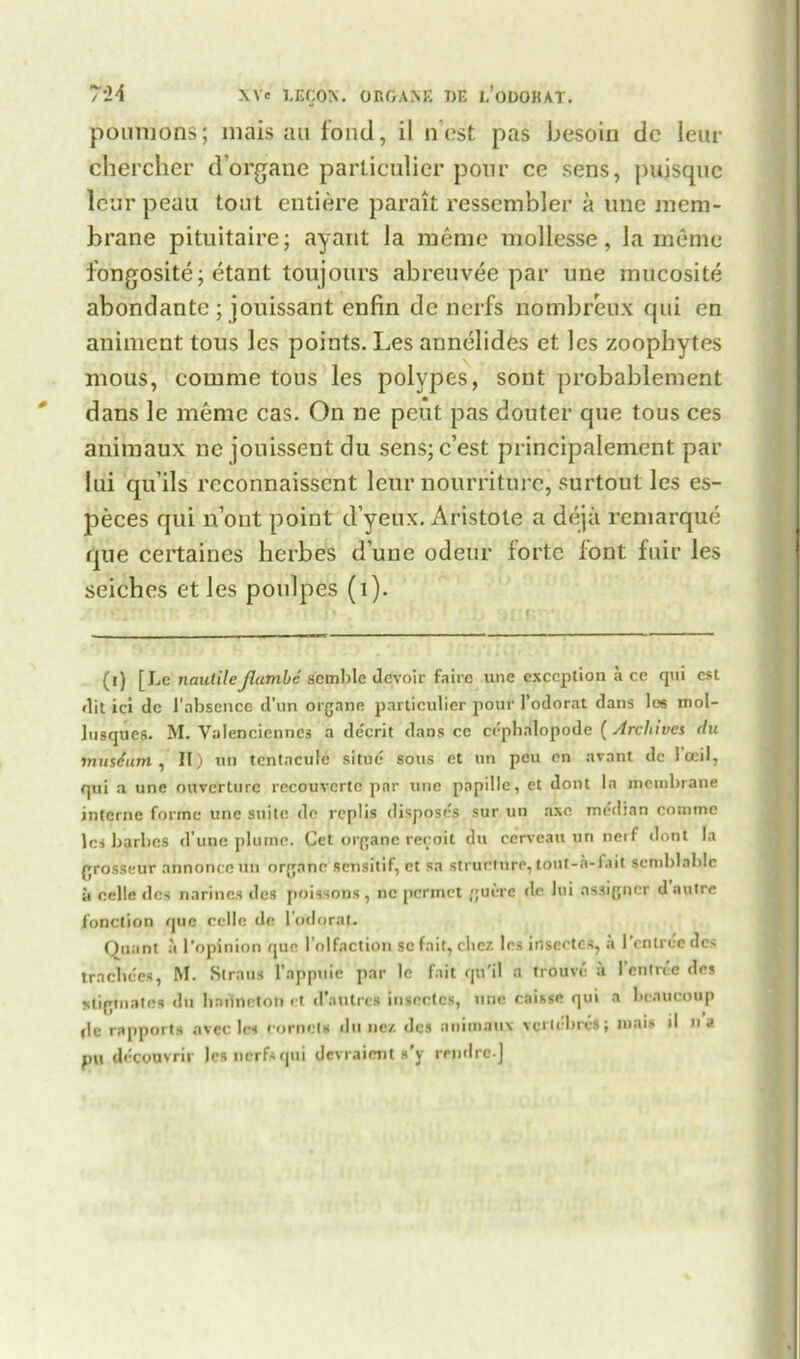 poumons; mais an foiul, il n est pas besoin dc lent- chercher d'organe particulier pour ce sens, pujsquc leurpeau tout entiere parait ressembler a une mem- brane pituitaire; ayant Ja memo mollesse, la memo fongosite; etant toujours abreuvee par une mucosite abondante ; jouissant enfin de nerfs nombrcux qui en animent tous les points. Les annelides et les zoophytes mous, comme tous les polypes, sout probablcment dans le memo cas. On ne peut pas douter que tous ces animaux ne jouissentdu sens;c’est principalement par lui qu’ils reconnaisscnt leur nourriturc, surtout les es- peces qui n’ont point d’yeux. Aristote a deja remarque que certaines hcrbes d une odeur forte font fair les seiches et les poulpes (l). (i) [Le naulileJlumbe semble devoir faire une exception a cc qui est dit ici dc 1’absence d’un organe particulier pour 1’odorat dans los mol- lusques. M. Valenciennes a dccrit dans ce ceplialopode ( Archives du inusdum, II) un tcntaculc situe sous et tin pen en avant dc 1’oeil, qui a une ouverture rccouvertc par une papillc, et dont la membrane interne forme une suite de replis disposes sur un axe me'dian comme les barbes d’une plume. Get organe reeoit du ccrveau un nerf dont la grosseur annonceun organc sensitif, et sa structure, tout-a-fait scmblablc a celle dcs narines des poissons, ne permet guere de lui assignor d autre fonction que celle de lotloral. Quant a l’opinion que l’olfaction sc fait, clicx les inscetcs, a 1’cntrce dcs traelides, M. Straus l’appuie par le fait qu'il a trouve a 1 entree des sliginates du liaiineton et d'autres insectcs, une caisse qui a beaucoup dc rapports avec les cornets dune/, des animanv vcrlebrcJ; mais il in nu decouvrir les nerfs qui devraient s'y retulrc.]