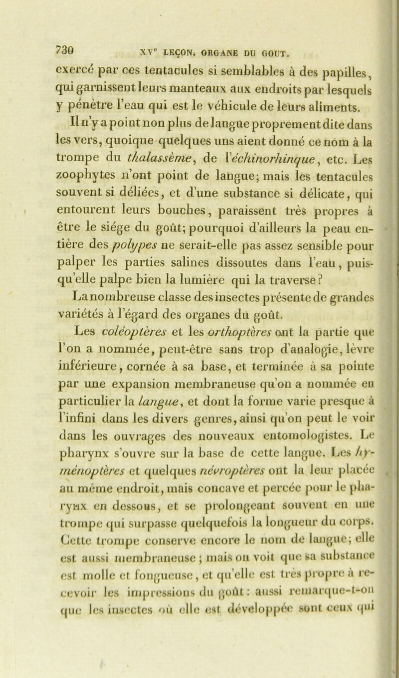 exerce par ces tentacules si semblables a des papilles, qui garnissent leurs manteaux aux endroits par lesquels y penetre I’eau qui est le vebicule de leurs aliments. II n’y a point non plus de langue proprement dite dans lesvers, quoique quelques uns aientdonne cenom a la trompe du thalasseme, de Xeehinorhinque, etc. Les zoophytes n’ont point de langue; mais les tentacules souvent si deliees, et dune substance si delicate, qui entourent leurs boucbes, paraissent tres propres a etre le siege du gout; pourquoi d’ailleurs la peau en- tiere des polypes ne serait-elle pas assez sensible pour palper les parties salines dissoutes dans l’eau, puis- qu’clle palpe bien la lumiere qui la traverse ? Lanombreuse classe desinsectes presente de grandes varietes a l egard des organes du gout. Les coleopteres et les orthopteres out la partie que I’on a nominee, peut-etre sans trop d’analogie, levre inferieure, cornee a sa base, et terminee a sa poiute par une expansion membraneuse qu’on a nominee en particular la langue, et dont la forme varie presque a l infini dans les divers genres, ainsi qu’on peut le voir dans les ouvrages des nouveaux entomologistes. Le pharynx s’ouvre sur la base de cette langue. Les hy~ /ne/wpleres et quelques nevropteres out la leur placec au meme endroit, mais concave et percee pour le pha- rynx en dessous, et se prolougeant souvent en une trompe qui surpasse <|uelquefois la longueur du corps. Cette trompe conserve encore le nom do langue; el le est aussi membraneuse; mais on voit que sa substance est rnolle et fongueuse, et qu elle est tres propre a re- cevoir les impressions du goAt: aussi remarque-t-on que les iusectes on elle est developp<*e sont ceux qui