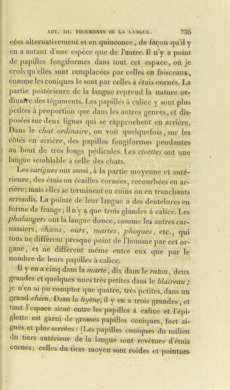 cees alternativeiuent et en quinconce , de fat^on qu’il y en a autant dune espece que de l’autre. 11 n’y a point de papilles fongiformes dans tout cet espace, oil je crois qu’elles sont remplacees par celles en faisceaux, comme les coniques le sont par cedes a etuis corals. I.a partie posterieurc de la langue reprend la nature or- diuaft’e des teguments, Les papilles a calice y sont plus petites a proportion que dans les antres genres,et dis- posees sur deux lignes qui se rapproehent en arriere, Dans le chat ordinaire, on voit quelquefois, sur les cdtes en arriere, des papilles fongiformes pendantes au bout de tres longs pddicules. Les civettes out uno langue semblable a cede des chats. Les sarigues ont aussi, a la partie inoyenne et antl- rieure, des etuis on ecailles cornees, recourbees en ar- lieie; mais dies se terrninent en coins on en tranchants arrondis. La pointe de leur langue a des denteluresen forme de lrange; il n y a que trois glandes a calice. Les phalangers ont la langue douce, conmie les autres car- nassiers, chiens, ours, marles, phoques, etc., qui toiib ne different presque point de l hoinme par cet or- gane, et ne different rneme entre eux que par le nonibre de leurs papilles a calice. II ^ tn a cinq dans la marte, dix dans le raton, deux grandes et quelques unes tres petites dans le blaireau ; je n en ai pu compter que quatre, tres petites, dans un giand c/uen. Dans la ht/ene, il y en a trois grandes , et tout 1 espace situe entre les papilles a calice et lepi- glotte est garni de grosses papilles coniques, fort ai- gues et plus senses : [Les papilles coniques du milieu du tieia anterieur de la langue sont revetues d’etuis cornes; cedes du tiers moyen sont roides et pointues