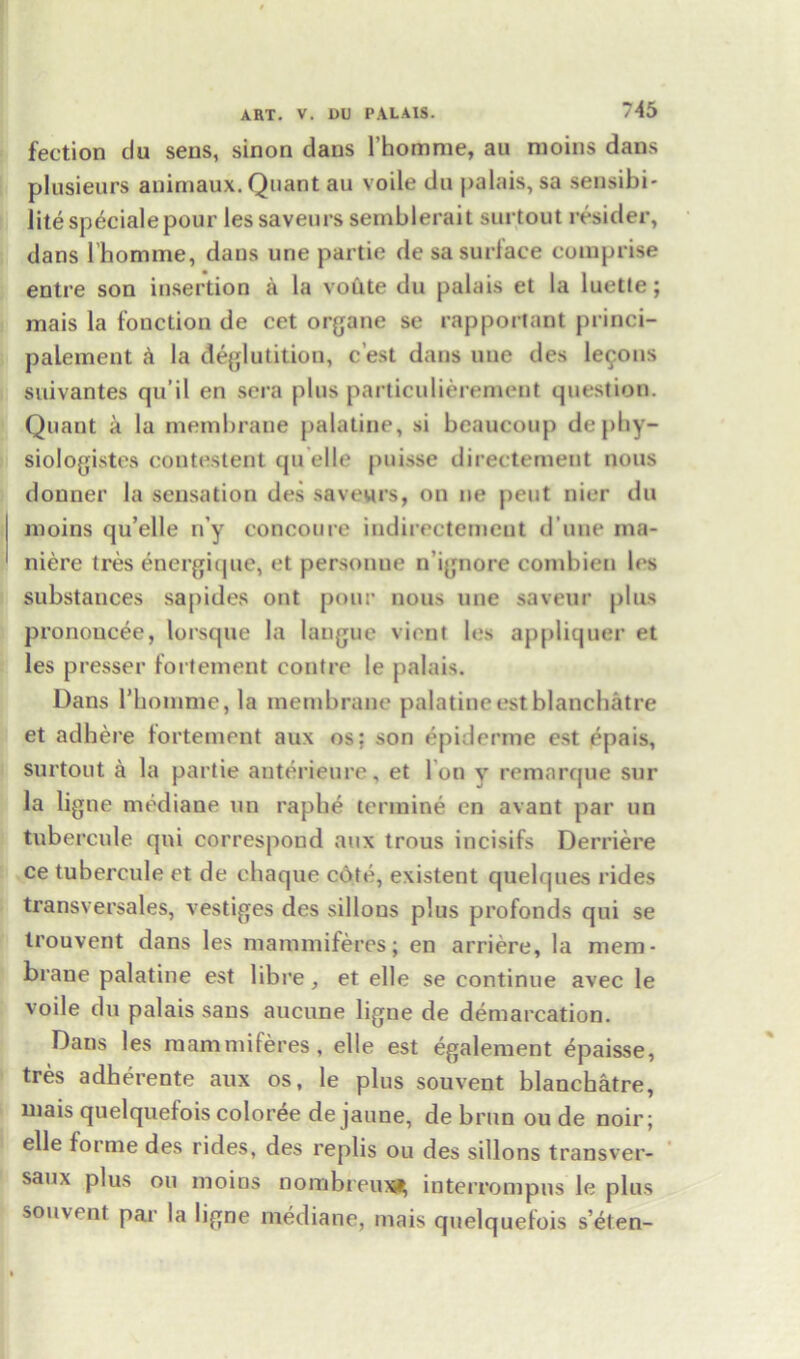 fection tlu sens, sinon dans l’homme, an moins dans plusieurs animaux. Quant au voile du palais, sa sensibi- litespecialepour les saveurs semblerait surtout resider, dans l’homme, dans une partie desa surface comprise entre son insertion a la voute du palais et la luette; mais la fonction de cet organe se rapportant princi- palement & la deglutition, cest dans une des lemons suivantes qu’il en sera plus particulierement question. Quant a la membrane palatine, si beaucoup dephy- siologistes contestent quelle puisse directemeut nous donner la sensation des saveurs, on ne pent nier du moins qu’elle n y concoure iudireetemeut d une ma- niere tres energique, et personue n ignore combieu les substances sapides out pour nous une saveur plus pronoucee, lorsque la langue vient les appliquer et les presser fortement contre le palais. Dans rijomme, la membrane palatine estblanchatre et adhere fortement aux os; son epiderme est epais, surtout a la partie anterieure, et I on v remarque sur la ligne mediane nn raphe termine en avant par un tubercule qni correspond aux trous incisifs Derriere ce tubercule et de chaque c6te, existent queb|ues rides transversales, vestiges des sillons plus profonds qui se trouvent dans les mammiferes; en arriere, la mem- brane palatine est libre, et elle se continue avec le voile du palais sans aucune ligne de demarcation. Dans les mammiferes, elle est egalement epaisse, tres adherente aux os, le plus souvent blanchatre, mais quelquefois coloree de jaune, de brim ou de noir; elle forme des rides, des replis ou des sillons transver- saux plus ou moins norribreuxf, interrompus le plus souvent par la ligne mediane, mais quelquefois s’eten-