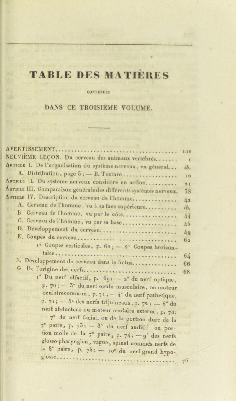 TABLE DES MATIEHES CONTINUES DANS CE TROISIEME VOLUME. AVERTISSF.MENT NEUV’lfeME LEGION. Du cerveau des animaui vertebras Auticlb l. De 1’orgauisation du syslfcme nt rvcux. en g6n*ral. A. Distribution, page 5 ; — B. Texture Auticlb IT. Du systfcme ncrveux consider^ eu actiou Auticlb III. Comparison g£ntlraledes differentssystfcmcs nervcux. Abticle IV. Description du cerveau de rbouime A. Ceiveau de 1 liomrne , vu a sa face sup^rieure B. Cerveau de lliomme, vu par le cold C. Cerveau de 1’homme, vu par sa base D. Developpement du cerveau E. Coupes du cerveau i° Coupes verticals, p. 6a ; — a° Coupes horizon- tales F. Developpement du cerveau dans le fmtus G. De lorigiue des nerfs i Du nerf olfactif, p. 69; — a° du nerf optique, P- 7°; — 5° du nerf oculo-inuseulaire, on moteur oculairecommun , p. 71 ; — 4“ du nerf pathetique, p. 71; — 5- des nerfs trijumeaux, p. 73 ; _ 6° du nerf abducteur ou moteur oculaire externe, p. 70; 7° du nerf facial, ou de la portion dure de la 7* paire, p. 75; - 8 du nerf auditif. ou por- tion molle de la 7« paire, p. 74: — 9“ des nerfs glosso-pharyngien, vague, spinal nommes nerfs de !a 8' paire, p. 75: — 10° du nerf grand hypo- glosse i-i v 1 ib. 10 ai 38 4a ib. 44 A5 49 6a 64 6« 68 V