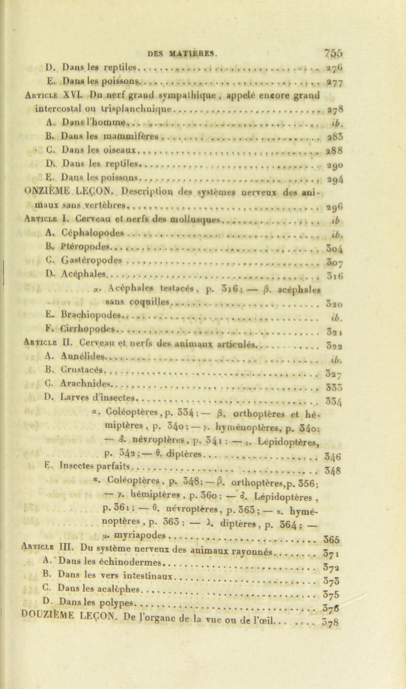 OES MATIEBES. 7§P 0. Dans leg reptiles - u7<> E. Dang les poissons 277 Article XVI. Du nerf grand avinpalltique , appele encore grand intercostal ou irigplanclini(|ue 278 A. Dans l'homrne ib. B. Dans les luammilfcres a83 • G. Dans les oiseaux., a88 Di Daus les reptiles ago E- Dans les poissons 394 ONZIEME LE^ON. Description des syst&uies uerveux des aui- inaux sans vertfcbres. a 96 Article I. Gerveau et nerl's des mollus(|ues ib A. Cephalopodes ib. B. Pt6ropodes 3o4 G. Gasl»iropodes 30- D. Acdphales 5,j; a. Ac^phales testaces , p. 016; — 0. acephales sans coquilles E. Brachiopodes. F» Cirrhopodes Article 11. Cerveau el nerfs des aniiuaux articnles A. Aunelides B. Grustac^s G. Arachnides.. D. Larves d insectes “• GoUopttres, p. 534 ;— 0. orthoptfcres et h6- tniptfcres , p. 34o;— y. bymeuopteres, p. 34o: <J. nevropl&res, p. 54 1 ; — £. Lepidoptferes, p. 043;— 0. dipieces E. Insectes parfaits «. Goleopt&res , p. 348; —0. orthopti>res,p. 356; y. Iiemipteres , p. 36o ; — d. Lepidopteres , p. 561; — 6. neyropt*res, p.565; —hyme- noptferes , p. 363 ; — A. dipteres , p. 564 ; tx. inyriapodes Article III. Du systfcme nerveux des animaux rayonnds A. Dans les 6chinodermes B. Dans les vers intestinaux C. Dans les acait-phes D. Dans les polypes DOUZlEME LECON. De l’organc de’lV vue ou deVceib.’ 3ao ib. 3a 1 592 ib. 3a7 535 334 346 348 365 071 37a 375 375 376 078