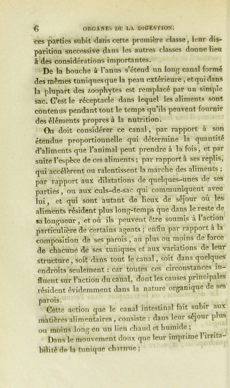 ces parties subit dans cette premiere elasse, lcur dis- parition successive dans les autres classes donne lieu a des considerations importantes. De la bouche a l’anus s’etend un long canal forme des m£mes tuniquesque la peau exterieure , etquidans la plupart des zoophytes est remplac£ par un simple sac. C’estle receptacle dans lequel les aliments sont contenus pendant tout le temps qu’ils peuvent fournir des elements propres a la nutrition. On doit considerer ce canal, par rapport a son etendue proportionnelle qui determine la quantity d'aliments que l’animal peut prendre a la fois, et par suite l’espece de ces aliments; par rapport a ses replis, qui accelerent ou ralentissent la marcbe des aliments ; par rapport aux dilatations de quelques-unes de ses parties, ou aux culs-de-sac qui communiquent avec lui, et qui sont autant de lieux de sejour ou les aliments resident plus long-temps que dans le reste de *a longueur, et ou ils peuvent etre soumis al’action particuliere de certains agents ; enfin par rapport a la composition de ses parois , au plus ou moins de force de cbacune de ses tuniques et aux variations de leur structure, soit dans tout le canal, soit dans quelques endroits seulement : car toutes ces circonstances in- fluent sur Faction du canal, dont les causes principles r6sident y.videmment dans la nature organique de ses parois. Cette action que le canal intestinal fait subir .nix matures alimentaires , consistc : dans lcur sejour plus ou moins long en un lieu cliaud et liumide ; Dans le mouvement doux que leur imprime 1 irrita- bility de la tunique charnue;