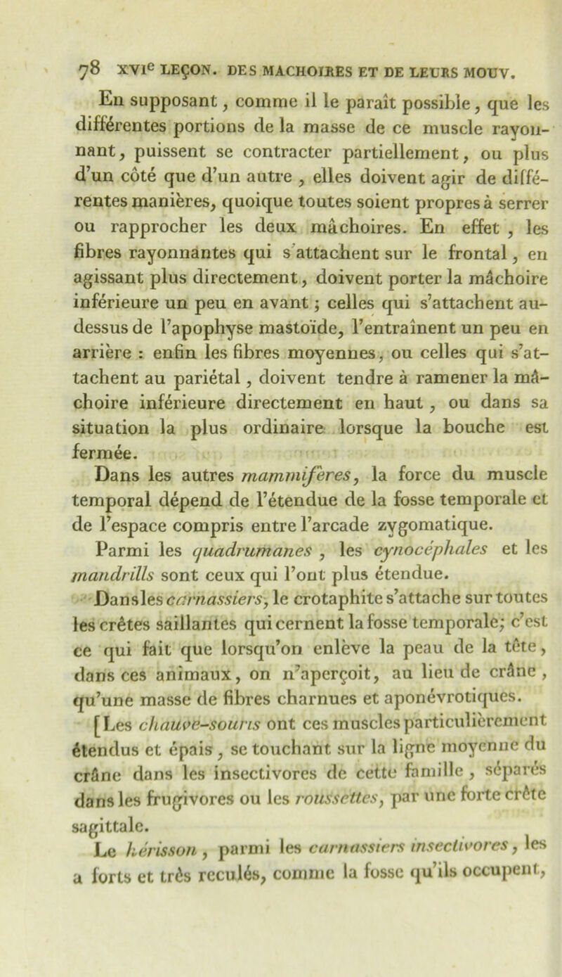 En supposant, comme il le parait possible, que les dif&rentes portions de la masse de ce muscle rayon- nant, puissent se contracter partiellement, ou plus d’un cote que d’un autre , elles doivent agir de dilfe- rentes manieres, quoique toutes soient propresa serrer ou rapprocher les deux machoires. En effet , les fibres rayonnantes qui s attachent sur le frontal, en agissant plus directement, doivent porter la machoire inferieure un peu en avant; cedes qui s’attachent au- dessus de I’apophyse mastoide, l’entrainent un peu en arriere : enfin les fibres moyennes, ou cedes qui s’at- tachent au parietal, doivent tendre a ramener la mA- choire inferieure directement en haul, ou dans sa situation la plus ordinaire lorsque la bouche est fermee. Dans les autres mammiferes, la force du muscle temporal depend de l’etendue de la fosse temporale ct de l’espace compris entre l’arcade zvgomatique. Parmi les cjuadrumanes , les cynocephales et les mandrills sont ceux qui l’ont plus etendue. Dansles cnrnassiers, le crotaphite s’attache sur toutes les cretes saillantes qui cement la fosse temporale; c’est ce qui fait que lorsqu’ori enleve la peau de la tete, dans ces animaux, on n’apergoit, au lieu de cr^ne , qu’une masse de fibres charnues et aponevrotiques. [Les chauve-souvis ont ces musclesparticulicremcnt 6tendus et epais, se touchant sur la ligne moycnue Hu crflne dans les insectivorcs de cette famille , separes dans les frugivores ou les rousscttes} par line forte cr6te sagittale. Le herisson , parmi les carnassiers insectivorcs, les a forts et tr£s rccul&>, comme la fosse qu’ils occupent,