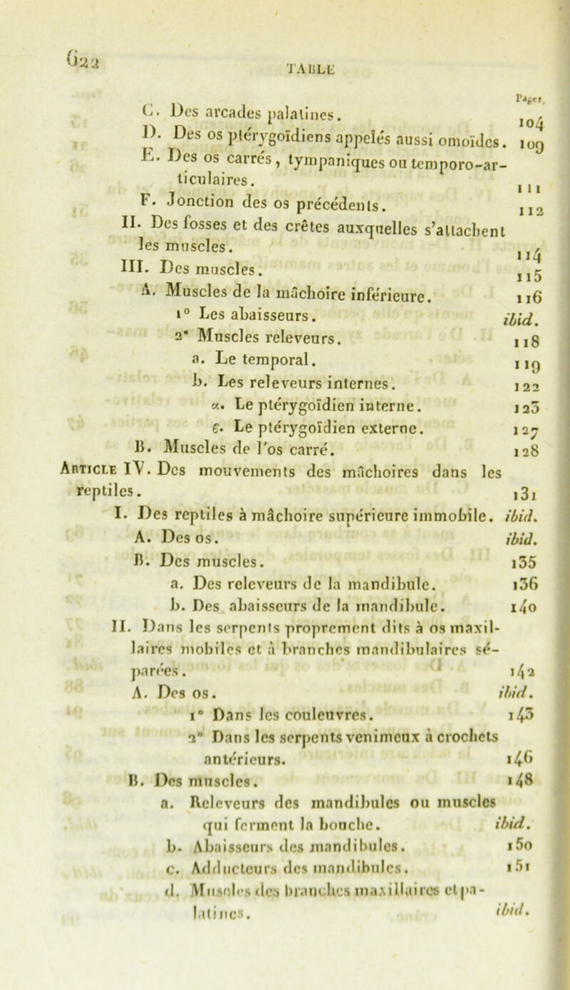 taijll: 104 109 111 112 114 115 116 ibid. 118 9 122 I 30 ,a7 128 131 C. Des arcades palatines. D. Des os plerygoidiens appele's aussi omoidcs. i\. Des os carres, tympaniques ou tcmporo-ar- ticulaires. i. Jonction des os precedents. II. Des losses et des cretes auxquelles s’altacbent les muscles. III. Des muscles. A. Muscles de la mucboire infe'rieure. i° Les abaisseurs. a* Muscles releveurs. a. Le temporal. b. Les releveurs internes. «. Le pterygoidien interne. £. Le pterygoidien externe. B. Muscles de 1'os carre. AtcricLE IV. Des mouvements des machoires dans les reptiles. I. Des reptiles a mucboire supericure immobile. ibid. A. Des os. ibid. B. Des muscles. i35 a. Des releveurs de la mandikule. 156 b. Des abaisscurs de la mandikule. i4o II. D ans les serpents proprement dits a ns maxil- laircs mobiles ct a branches mandibulaires s^- parees. ' 143 A. Des os. ibid. i° Dans Jcs couleuvres. 143 in Dans les serpents venimeux a crochets a n ter i curs. i£6 B. Des muscles. *48 a. Releveurs des inandibulcs ou muscles qui ferment la Louche. ibid. b. Abaisscurs des mandibules. *5o c. Addiicteurs des inandibulcs. *5i d. Musnles des branches ina.xilluires cl pa- latine*. ibid.